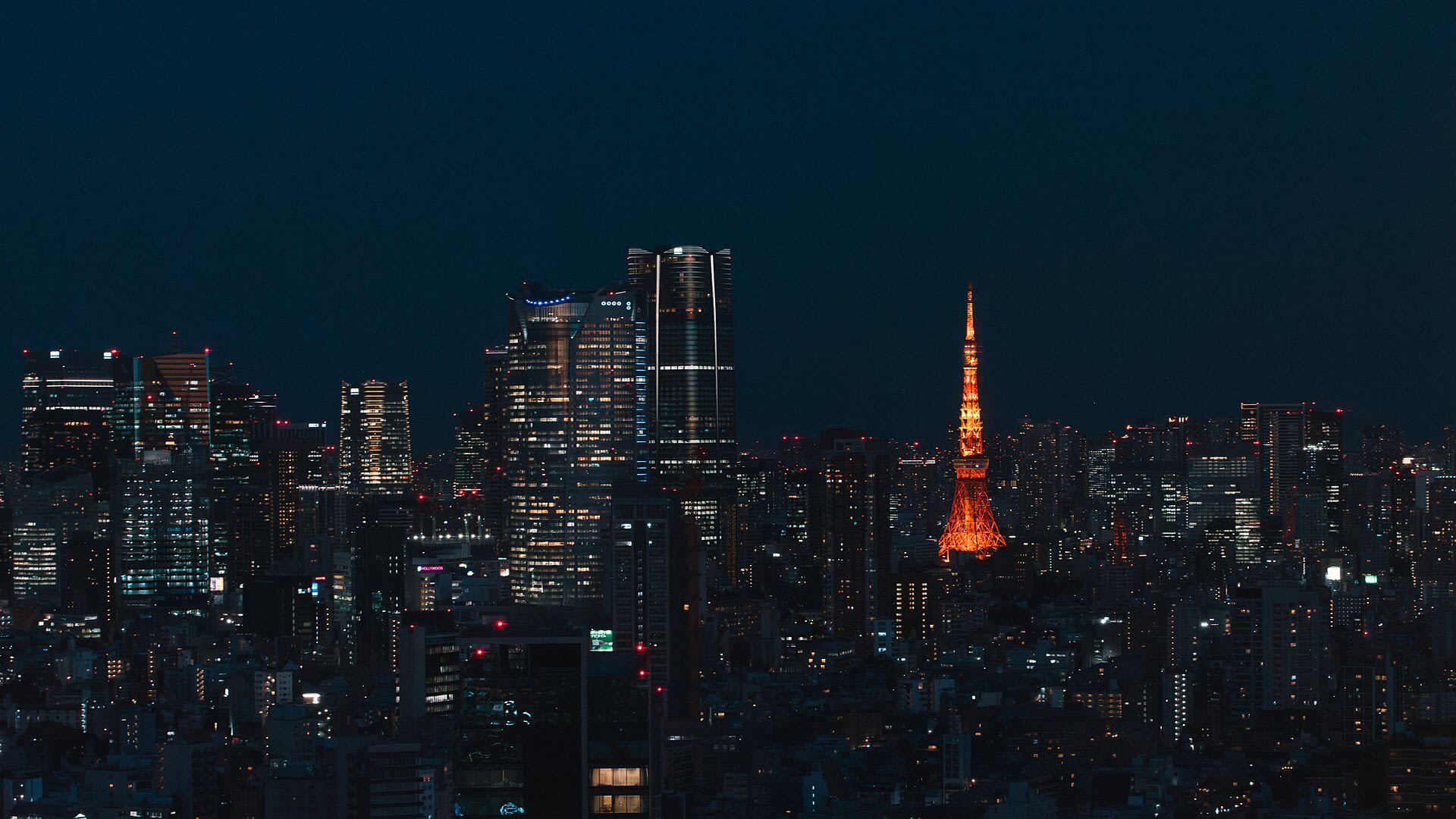 Tokyo skyline glowing at night over Minato City