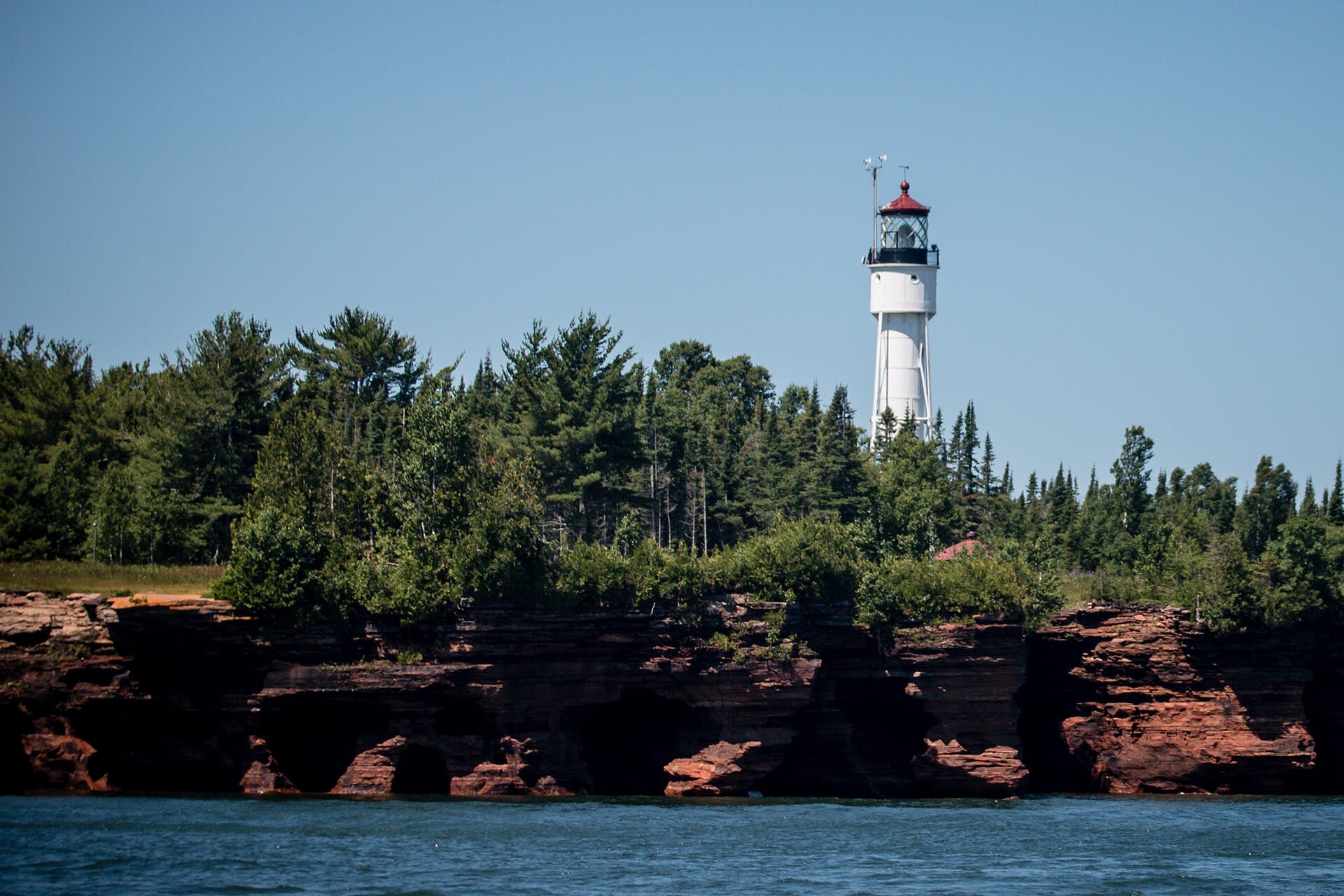 Devils Island Lighthouse on the Apostle Islands shoreline