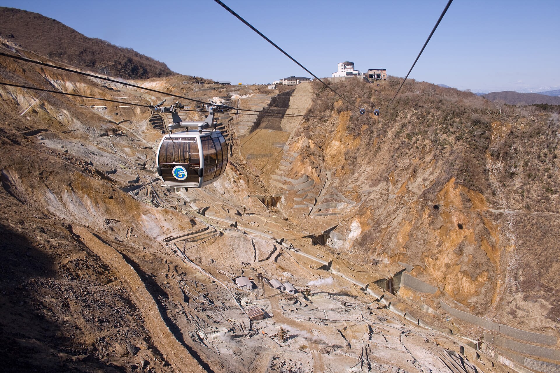 Cable cars of the Hakone Ropeway crossing the mountain