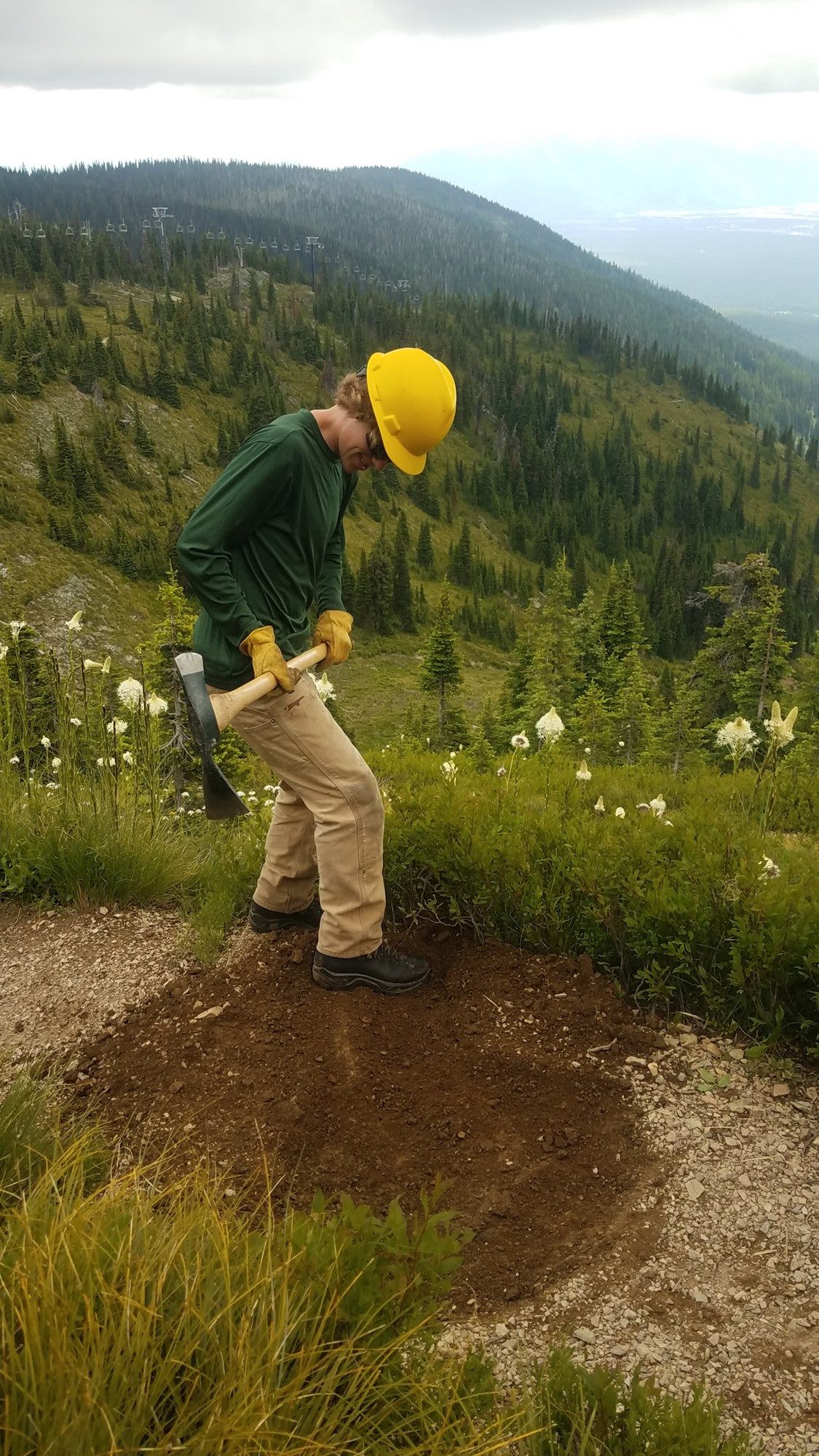 Trail crew rerouting the Danny On Trail at Whitefish Mountain Resort