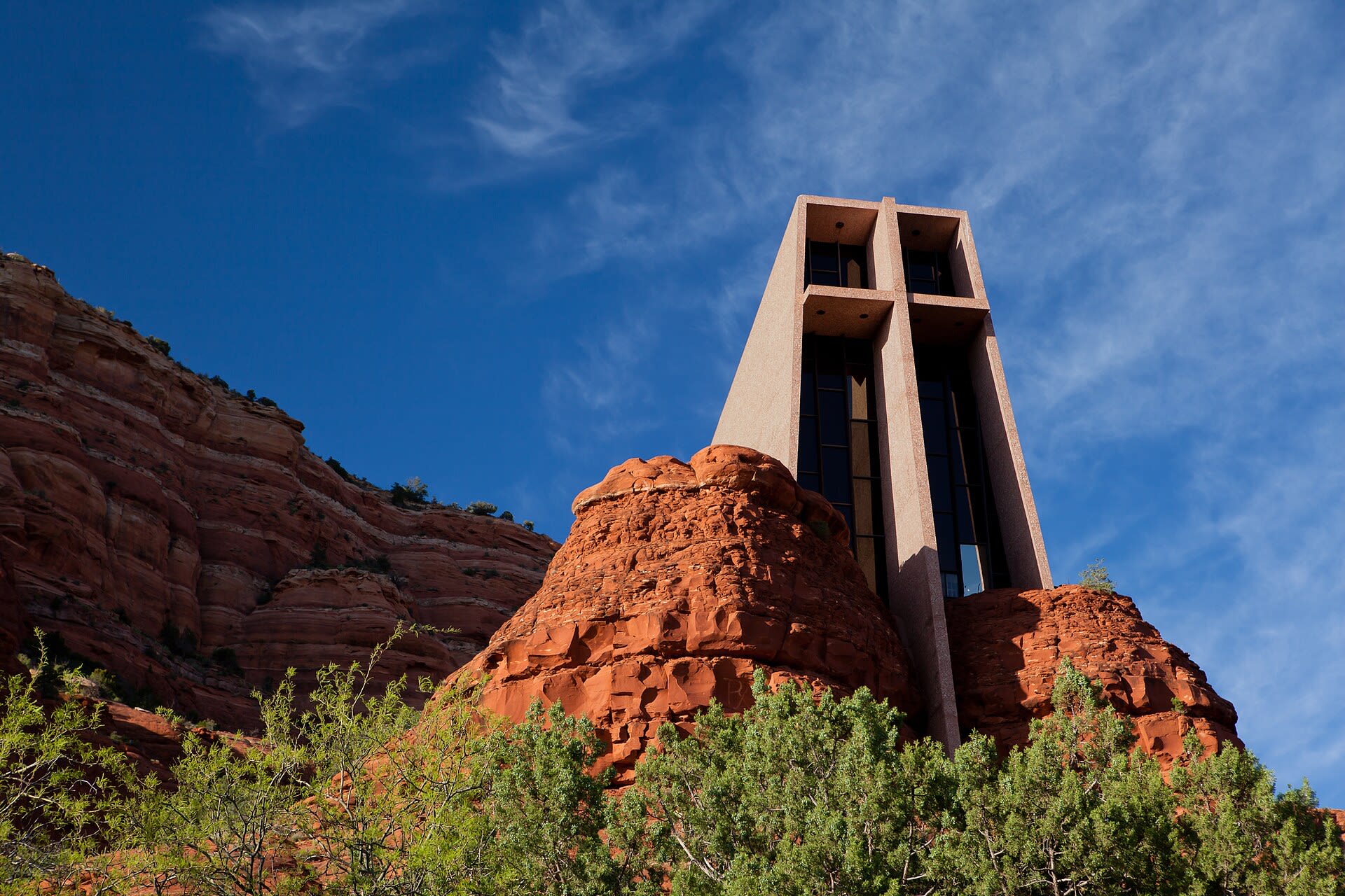 The Chapel of the Holy Cross built into a red rock butte in Sedona, Arizona