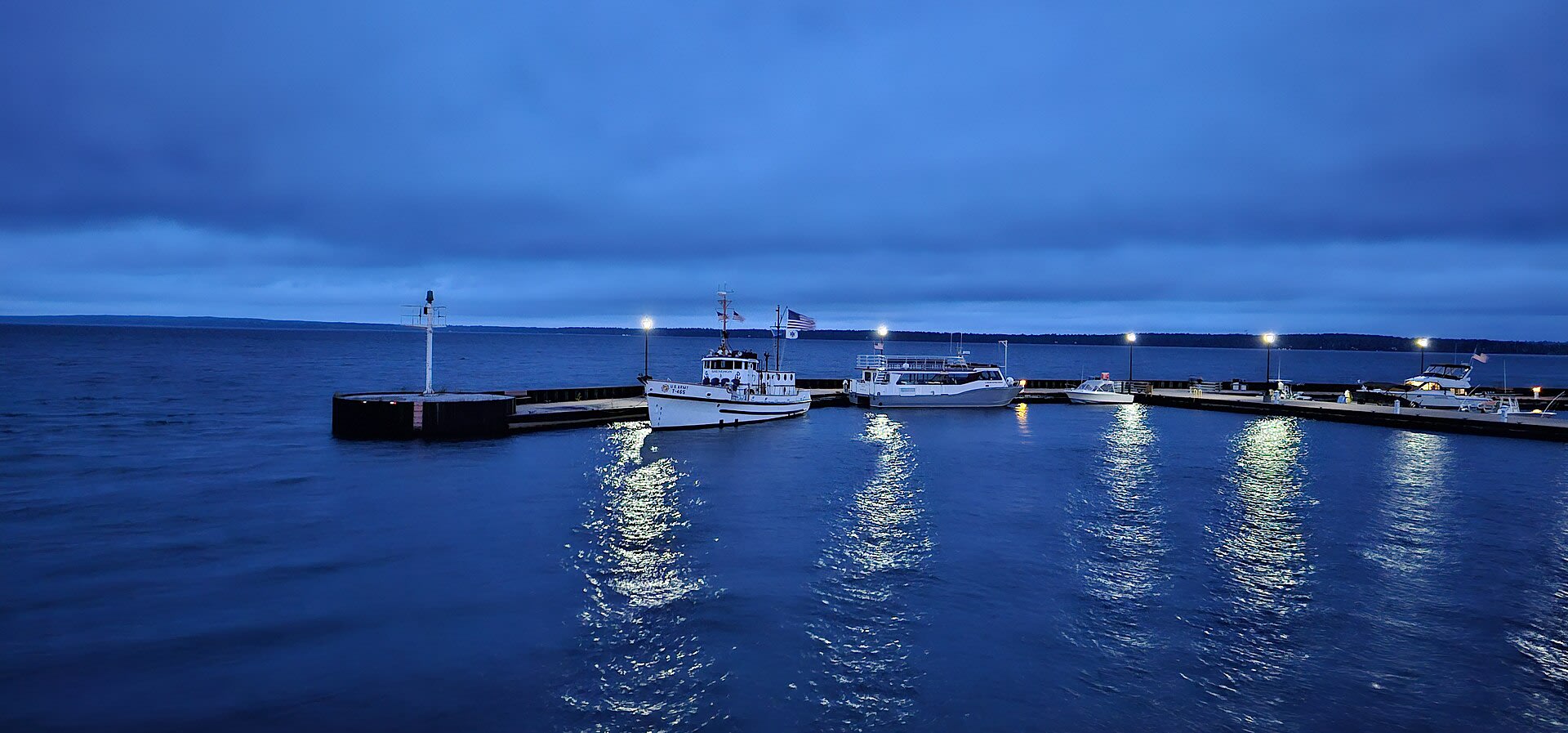 Bayfield Marina on Lake Superior illuminated at night