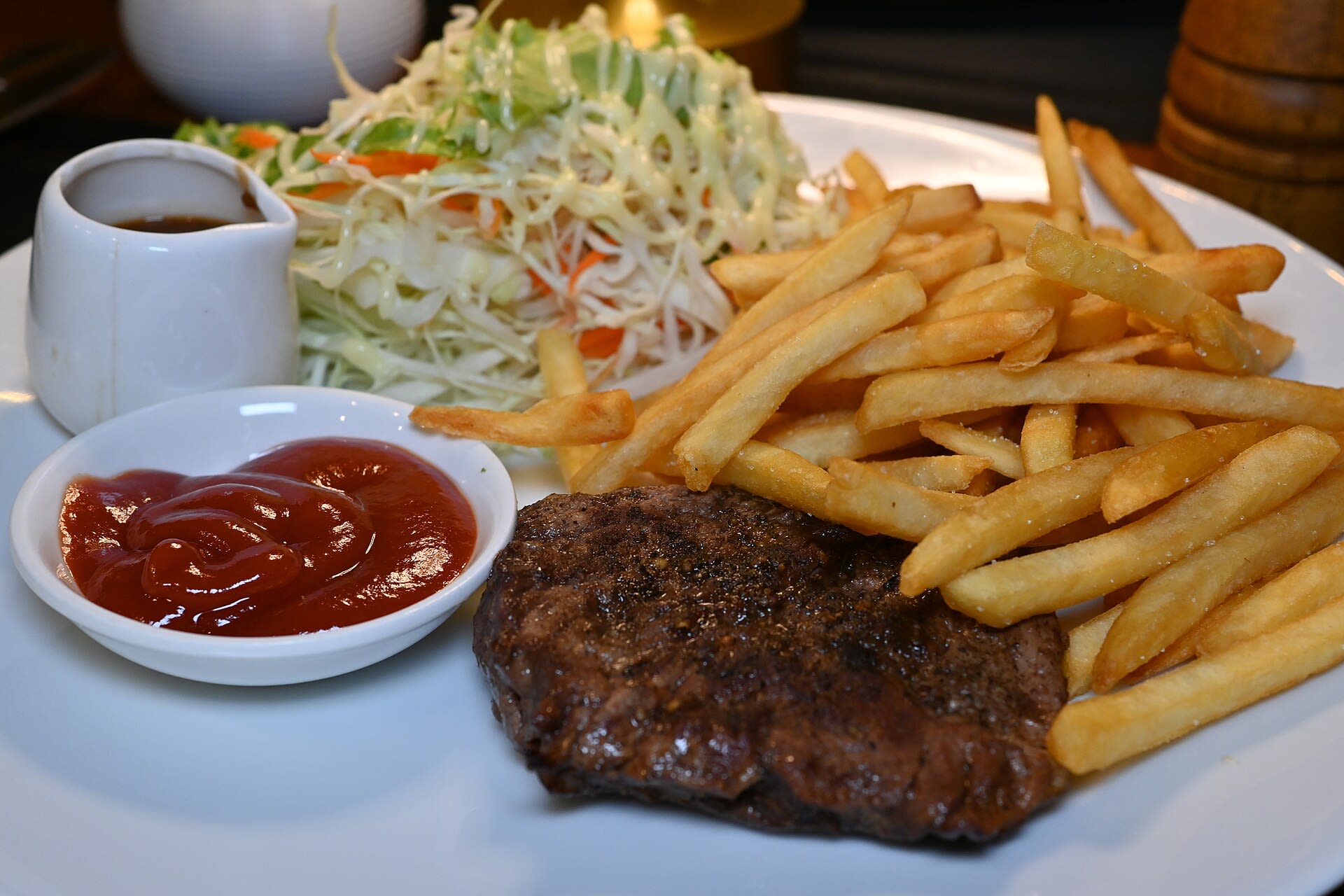 Steak and fries comfort meal at a restaurant
