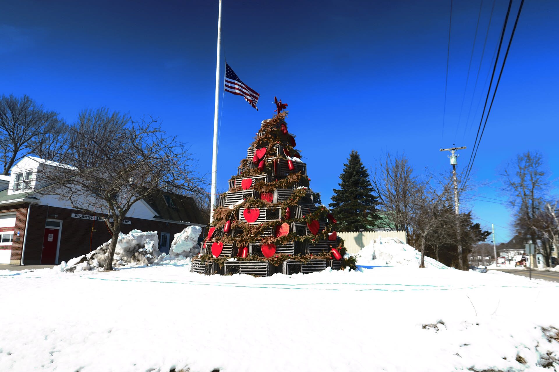 A tall tree of stacked lobster traps in the fishing village of Cape Porpoise, Maine
