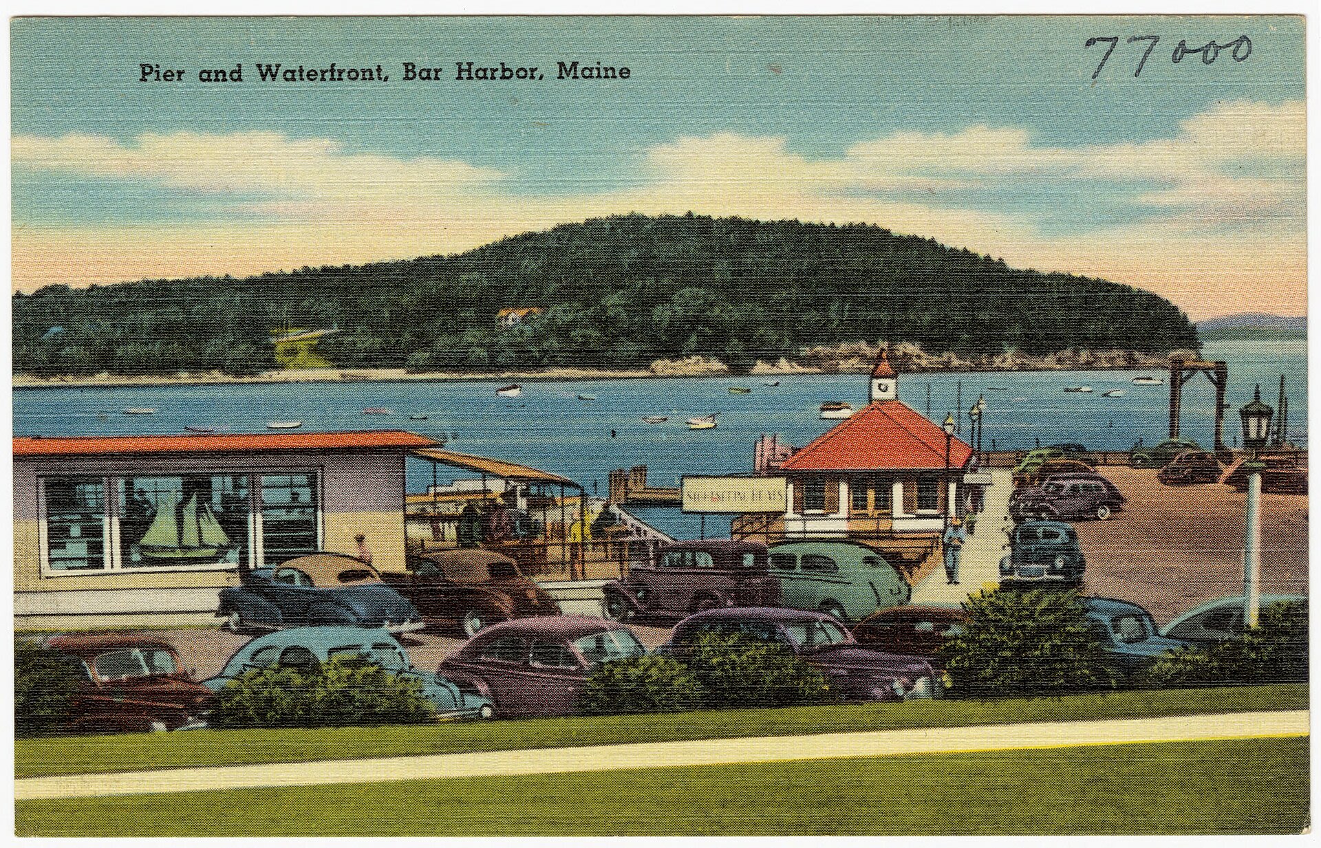 Vintage postcard view of the pier and waterfront in Bar Harbor, Maine from the early 1900s