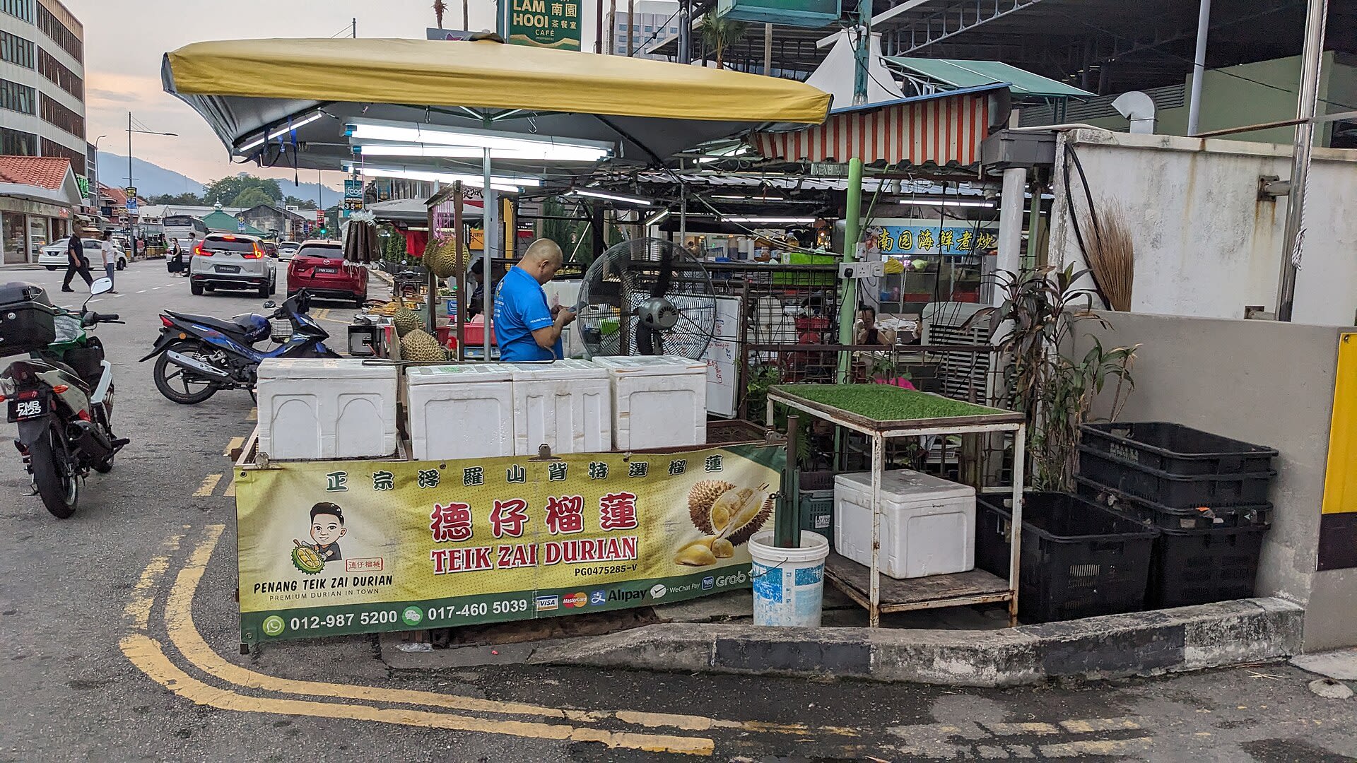 Hawker food stalls at a market on Jalan Burma in George Town, Penang