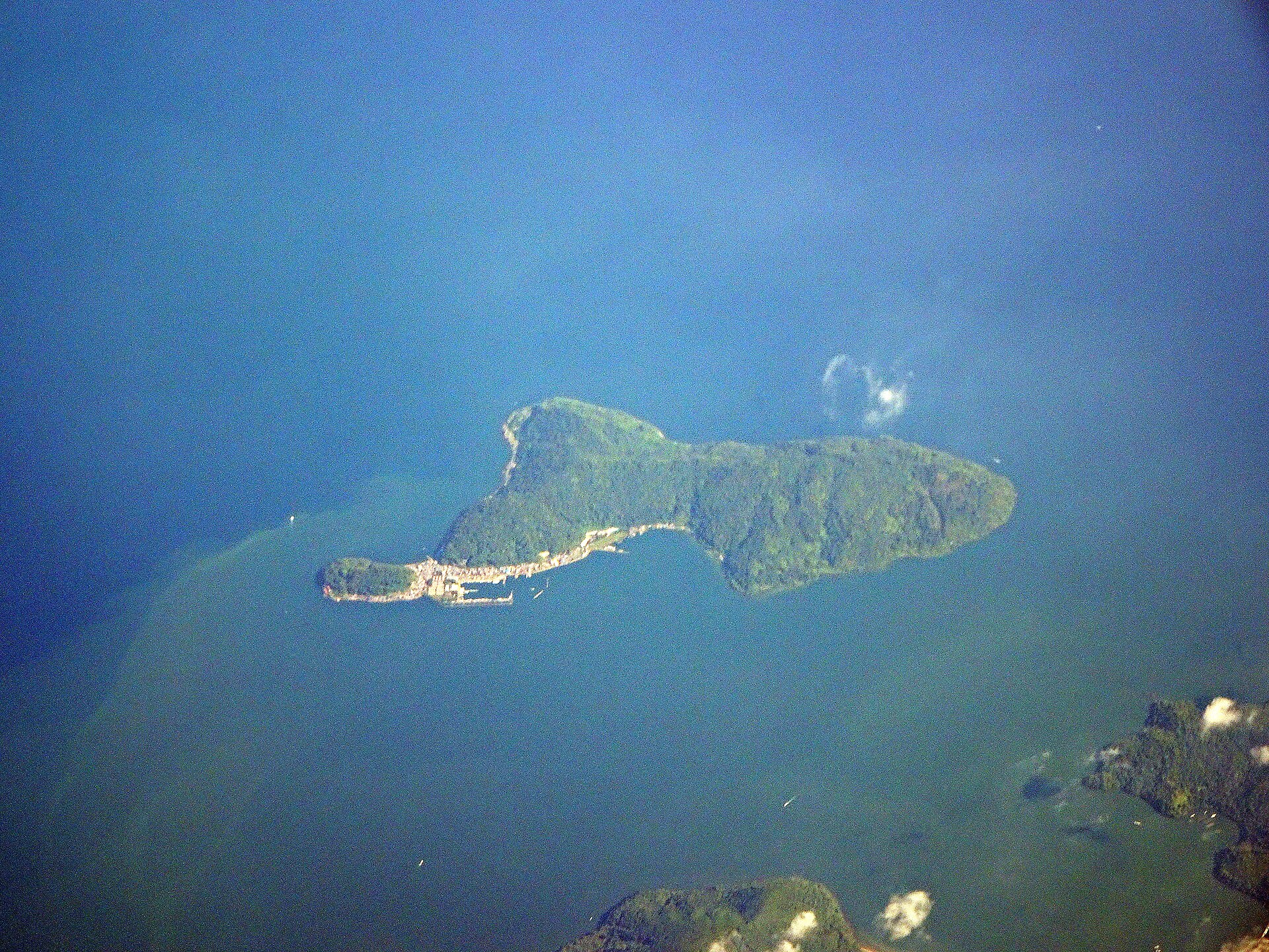 Aerial view of Okishima island sitting in Lake Biwa off the Japanese coast