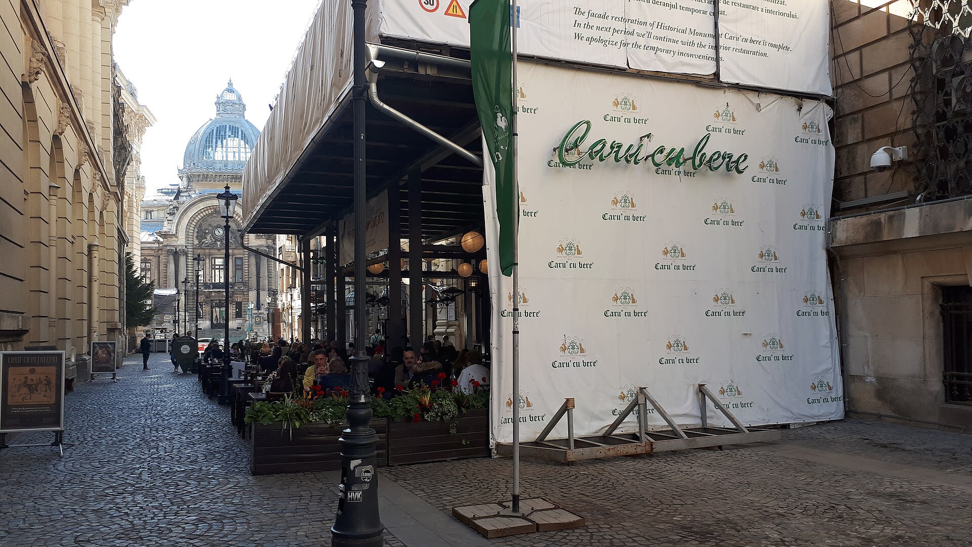 Historic Caru' cu Bere restaurant building on Strada Stavropoleos in Bucharest