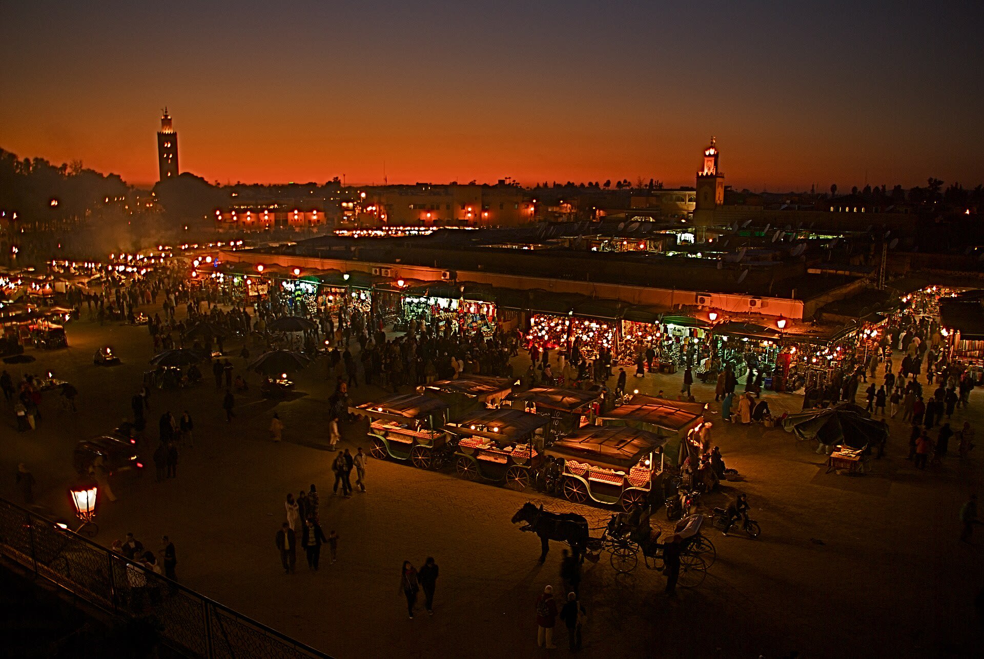 Jemaa el-Fnaa square in Marrakech lively with food stalls and crowds at night
