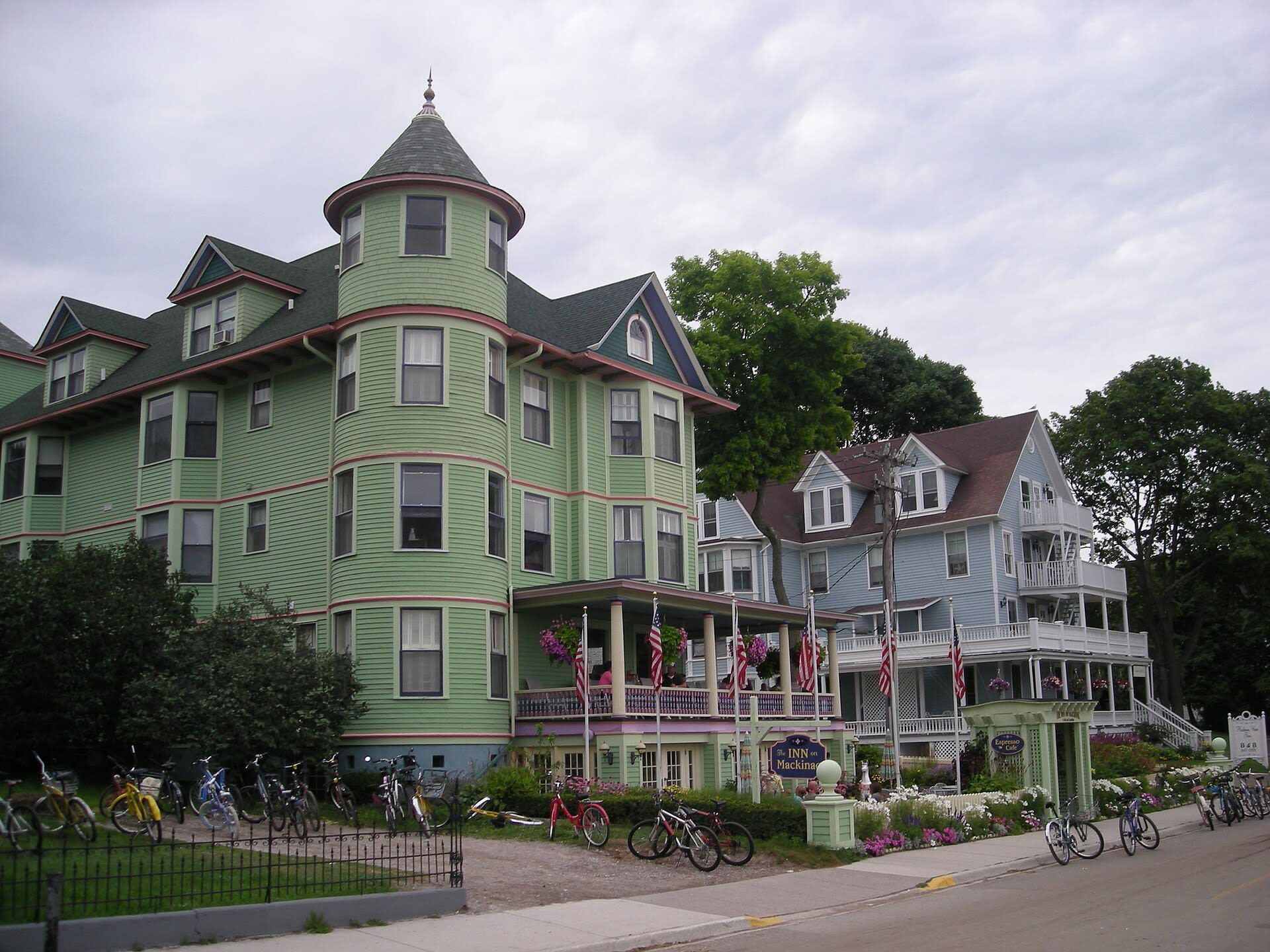 Hotel buildings lining the waterfront on Mackinac Island