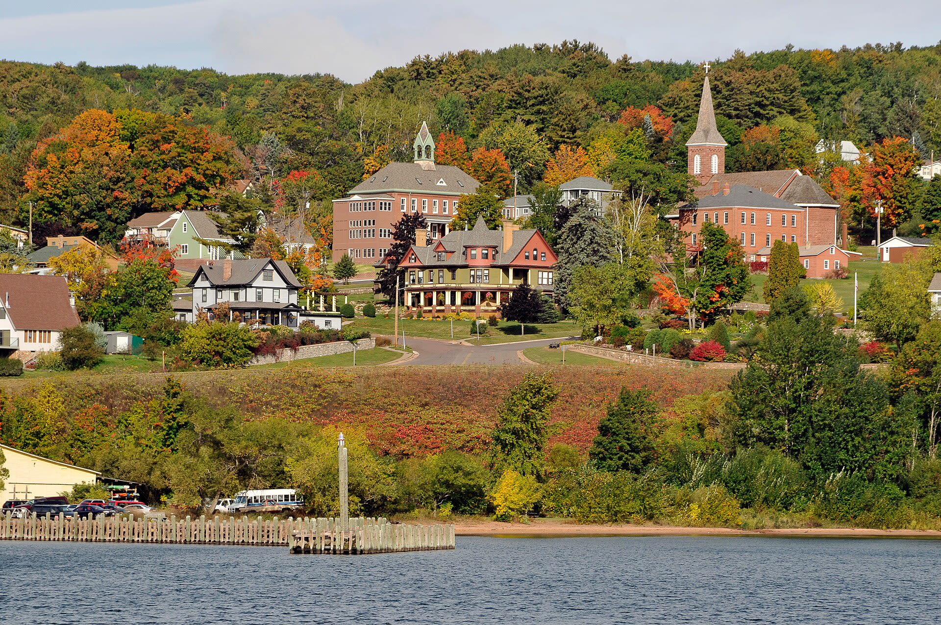 Harbor and waterfront buildings of the small town of Bayfield, Wisconsin on Lake Superior
