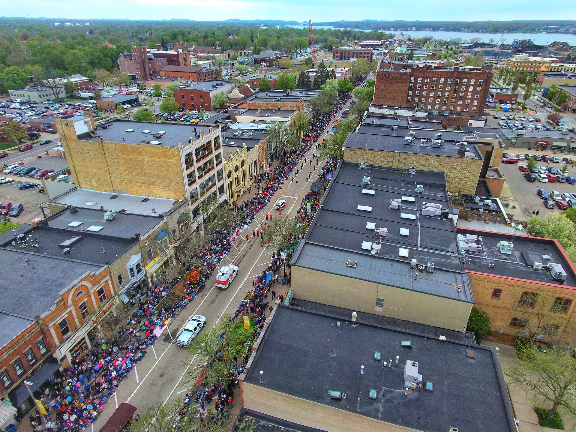 Aerial view of downtown Holland, Michigan along 8th Street during Tulip Time