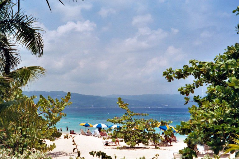 Doctor's Cave Beach in Montego Bay, with white sand and turquoise water