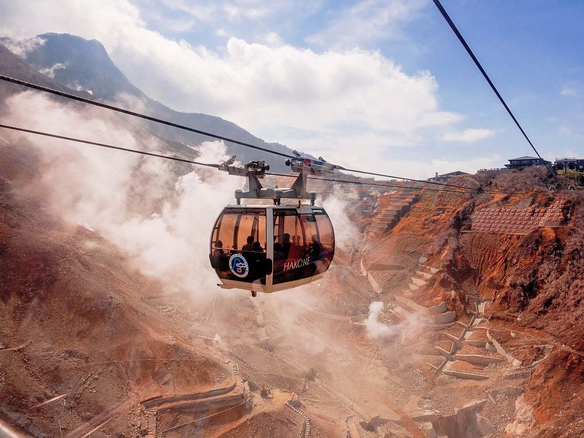 The Hakone Ropeway passing over the steaming Owakudani valley