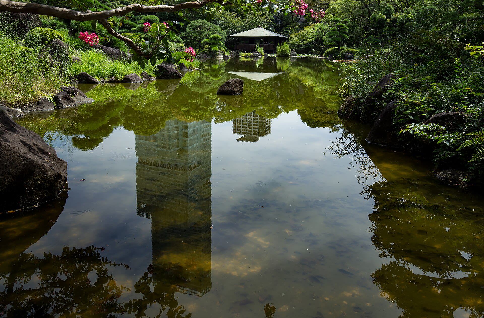 Abeno Harukas, Japan's tallest building, reflected in the pond at Keitakuen