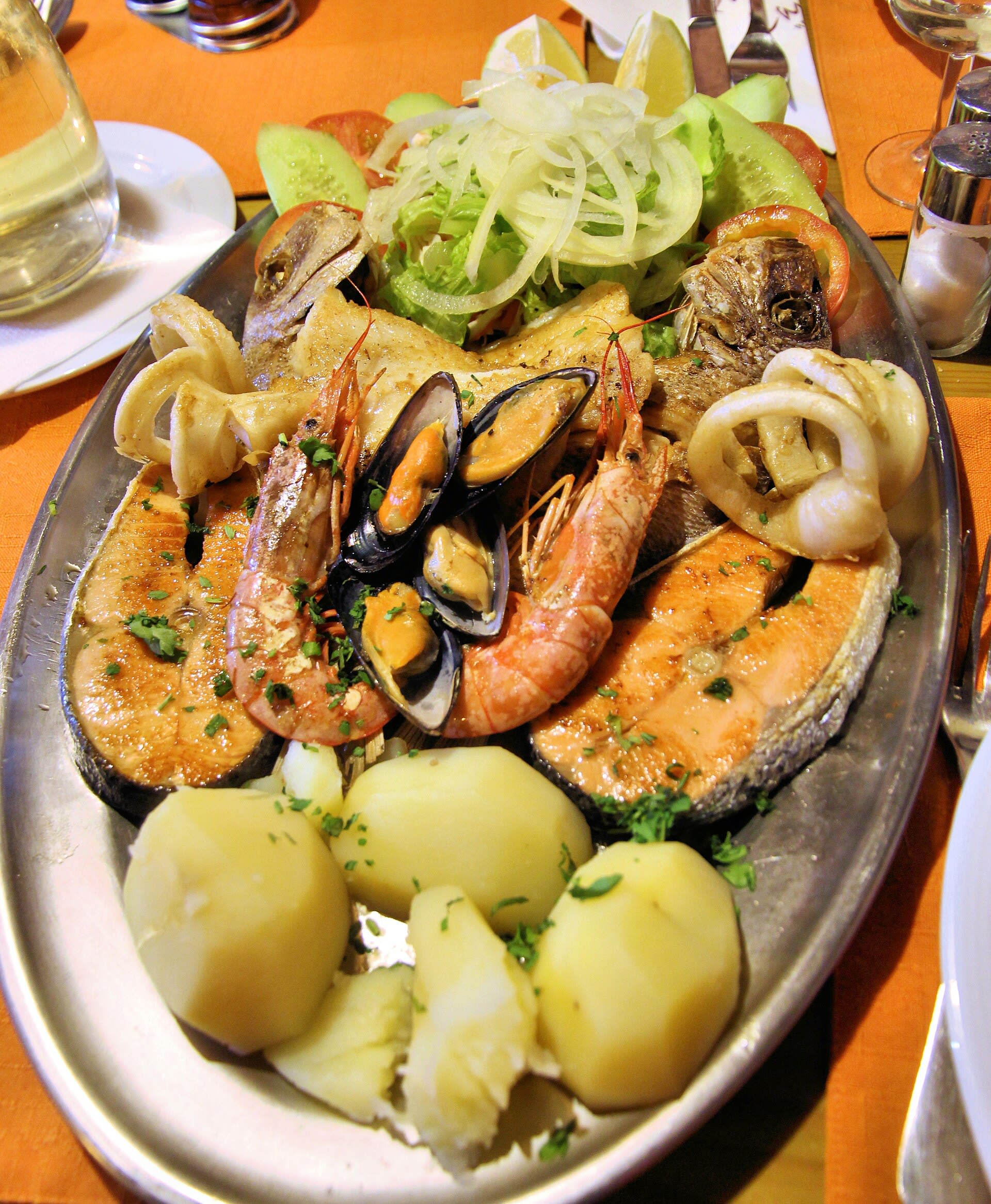 Grilled seafood dinner at a restaurant
