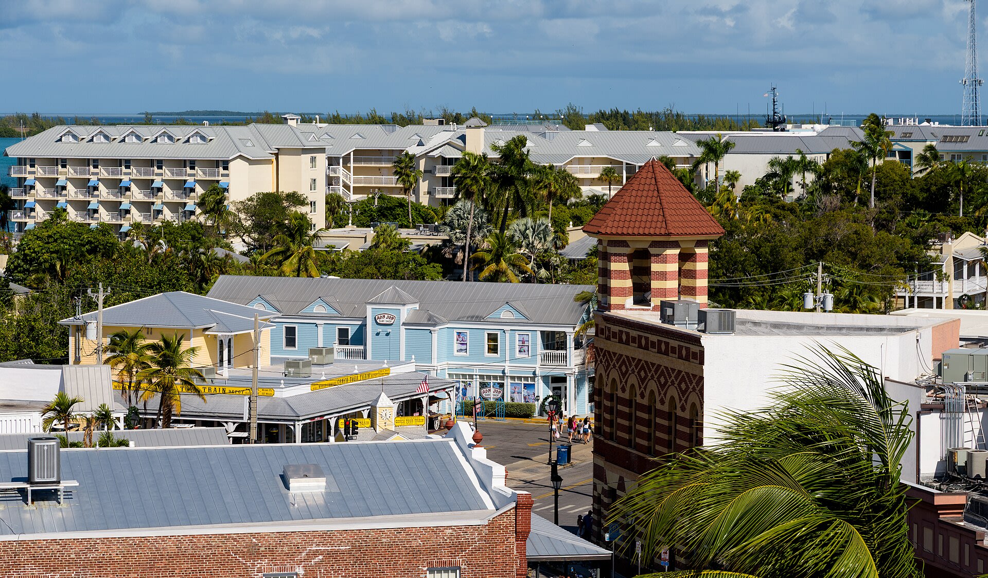 Conch-style buildings at the corner of Front and Duval streets in Key West, Florida
