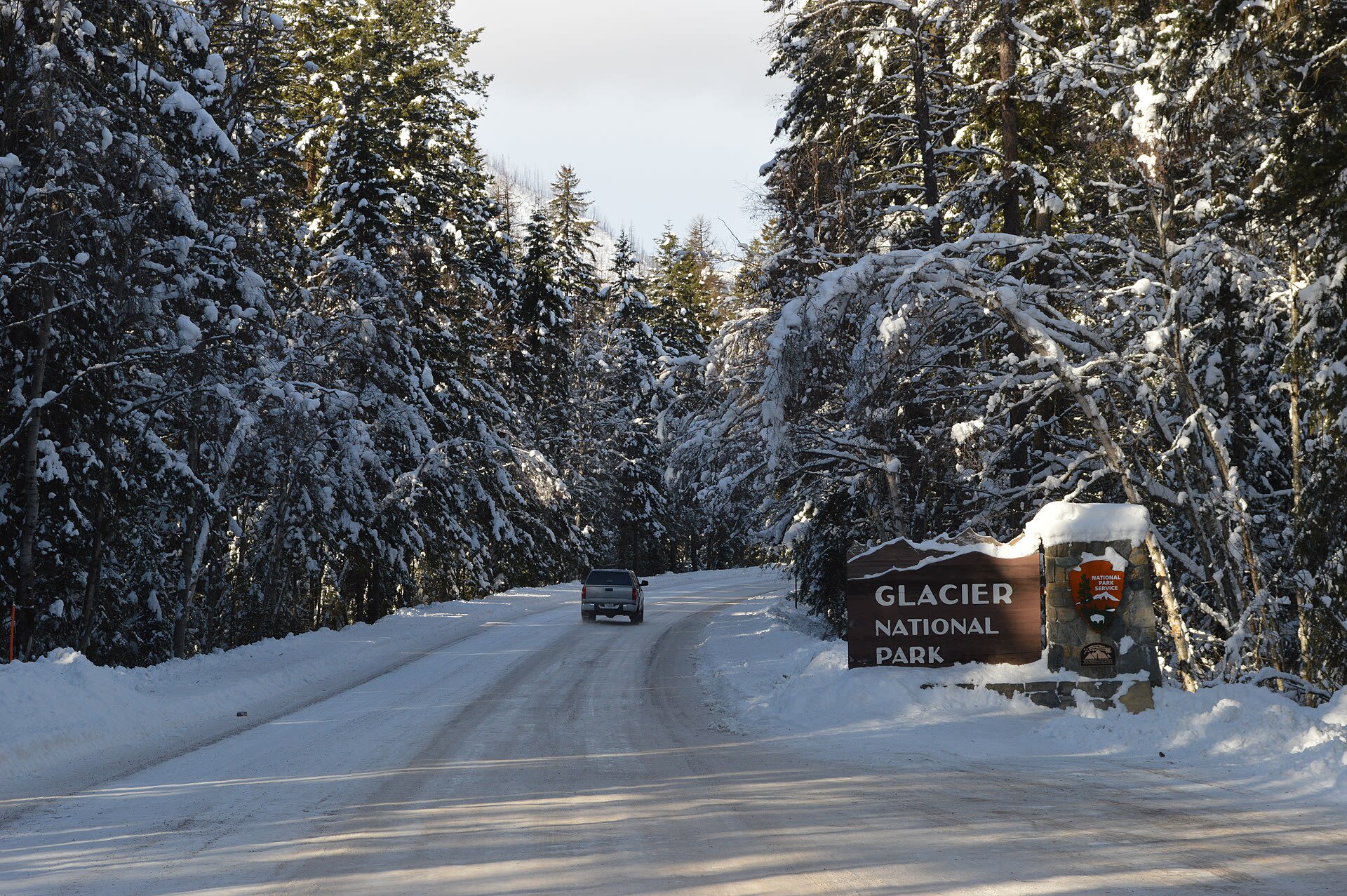 Entrance sign to Glacier National Park at West Glacier