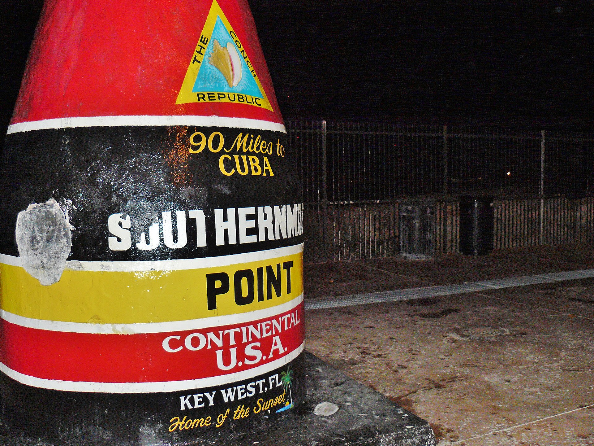The Southernmost Point buoy in Key West, Florida, marking the southernmost point accessible in the continental US
