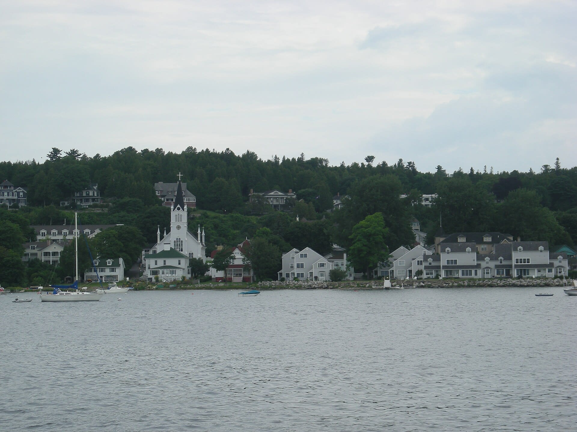 Downtown Mackinac Island seen from the harbor
