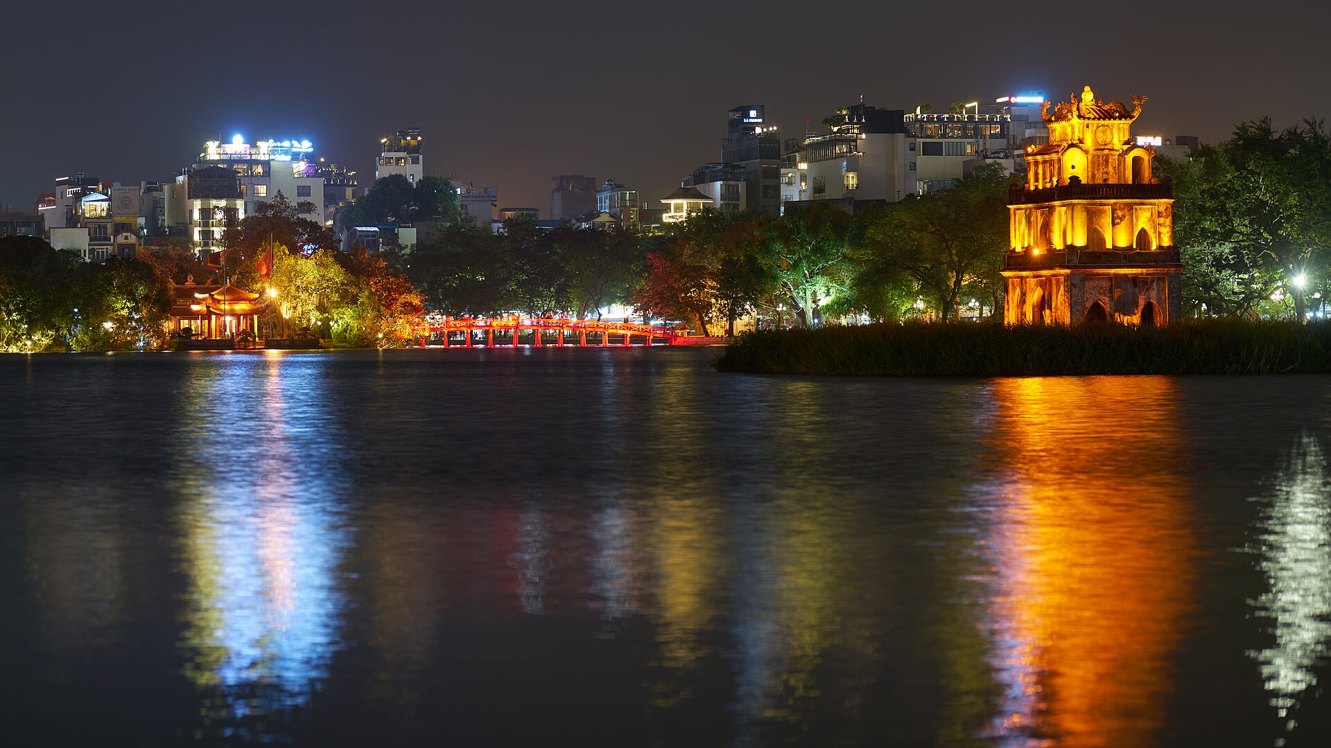 Hoan Kiem Lake illuminated at night in the heart of Hanoi