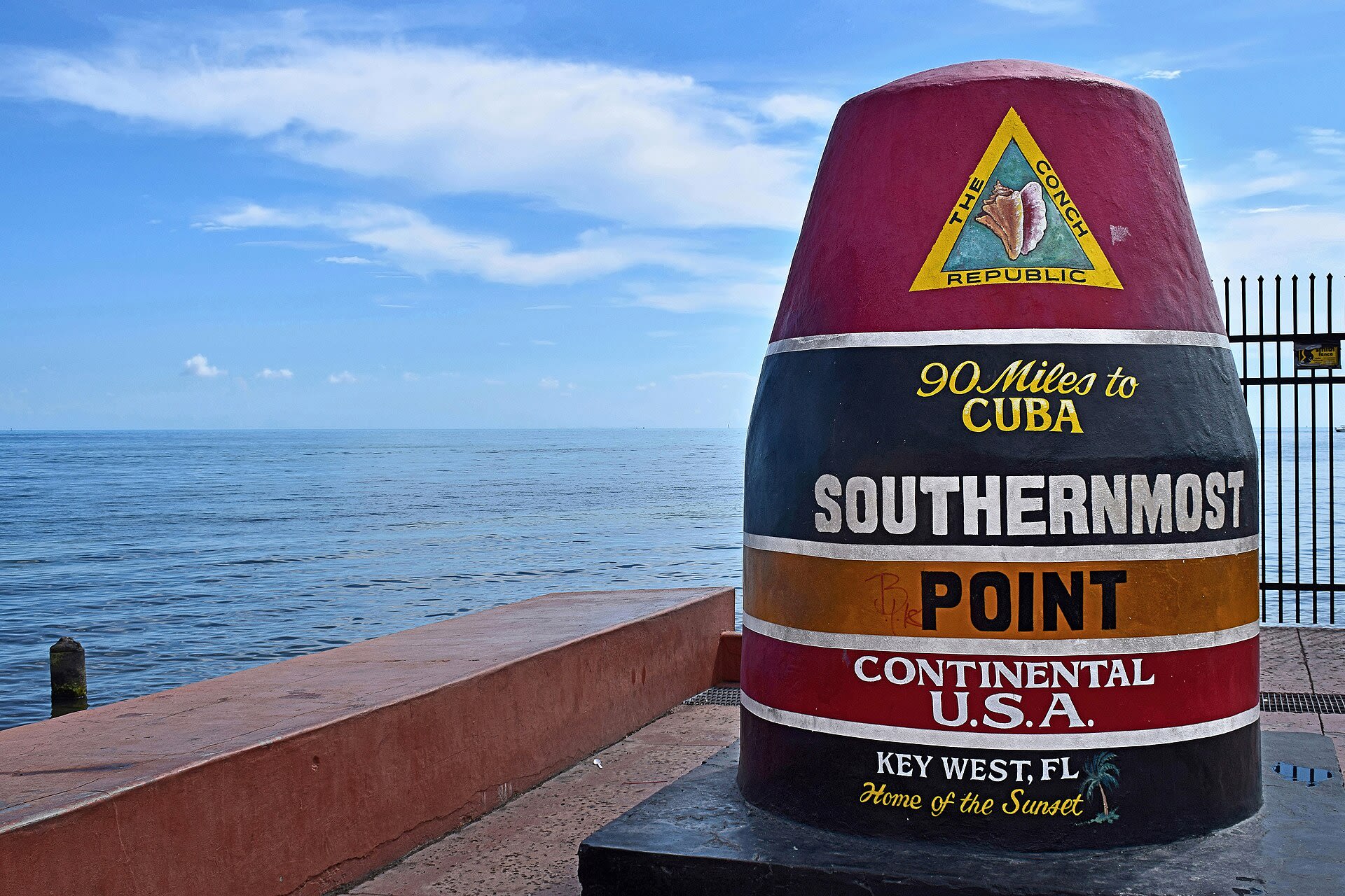 The Southernmost Point buoy at the corner of South and Whitehead streets in Key West, Florida