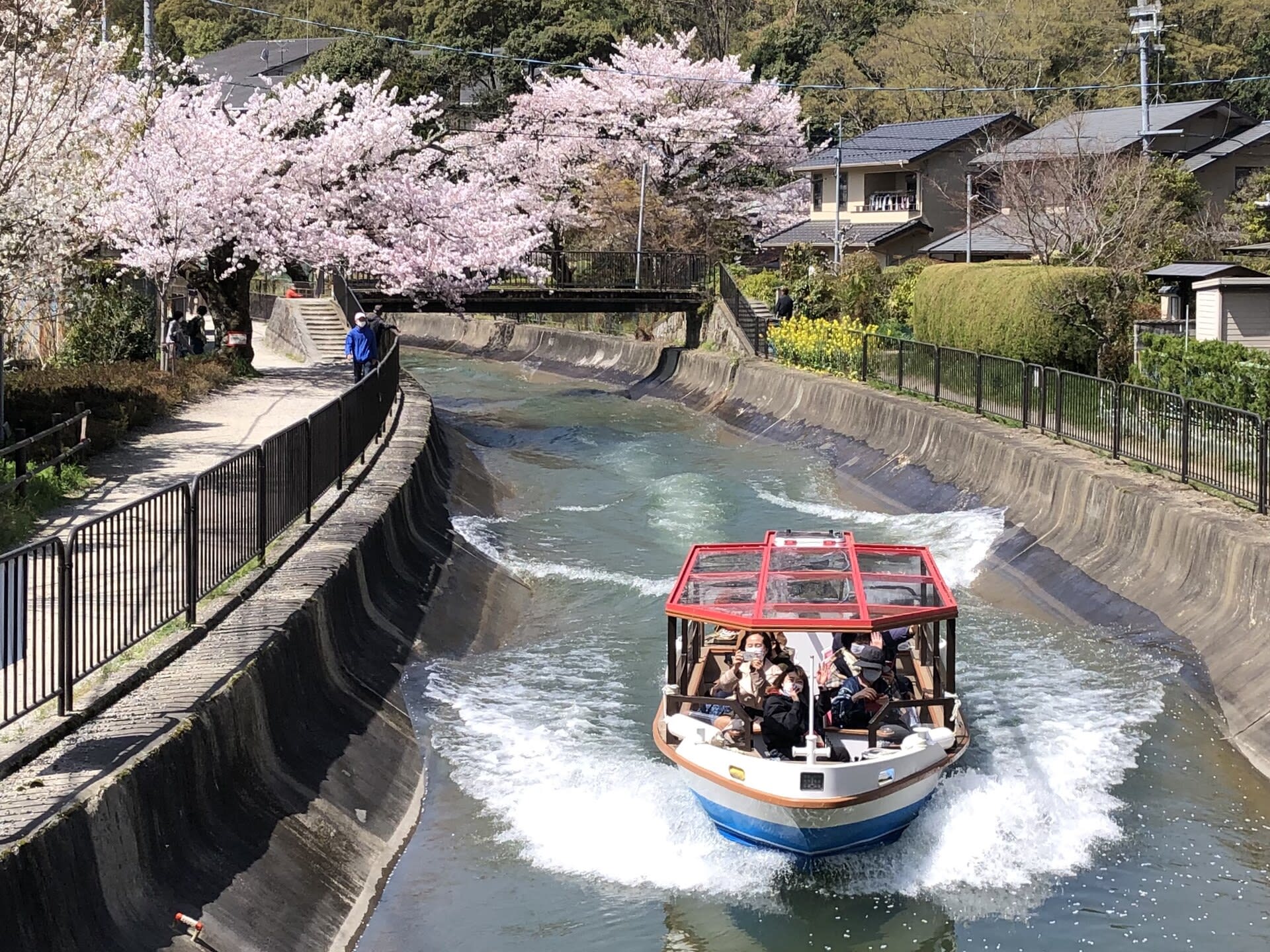 Sightseeing boat cruising along the Lake Biwa Canal