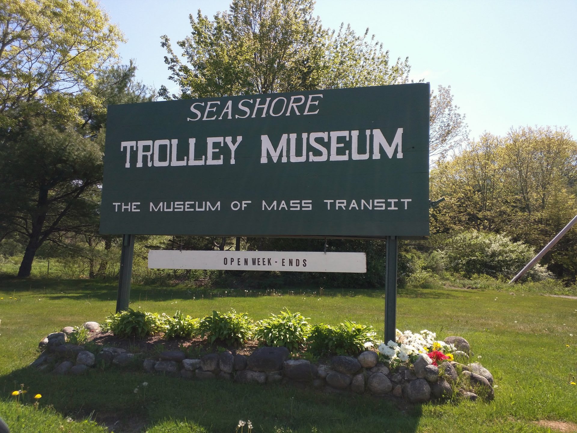 Entrance sign for the Seashore Trolley Museum in Kennebunkport, Maine