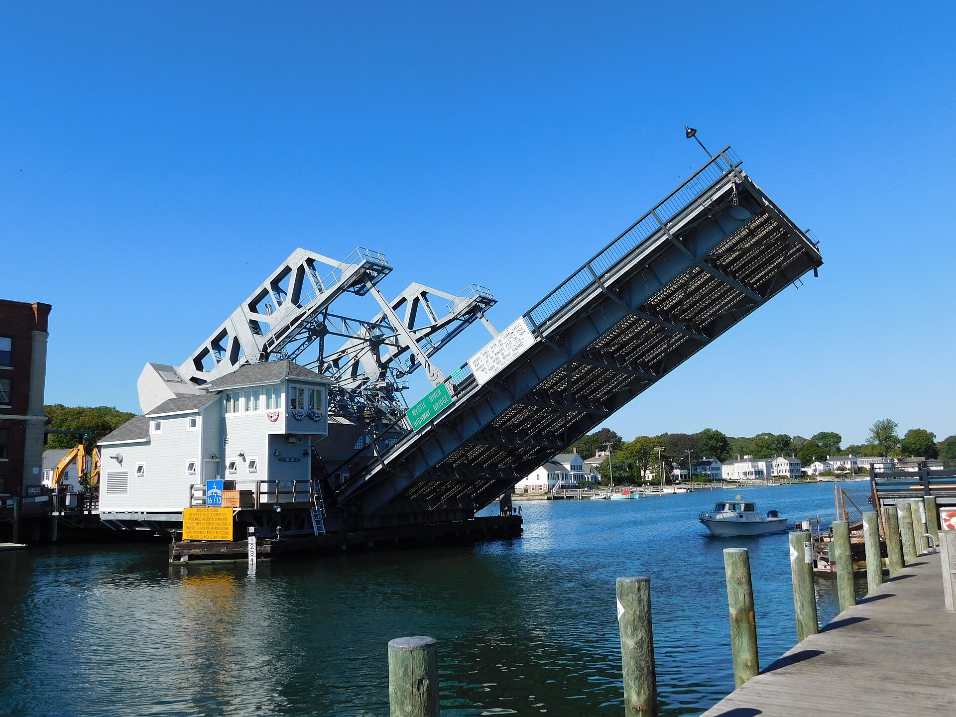 The Mystic River Bascule Bridge drawbridge spanning the river in downtown Mystic