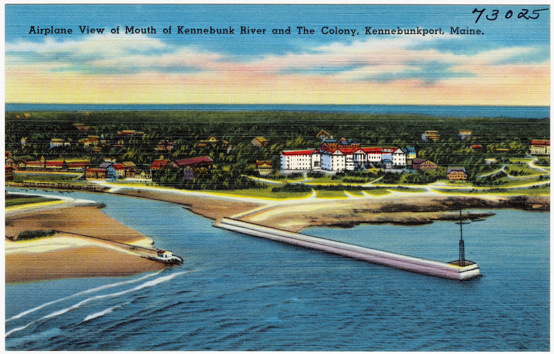 Vintage aerial postcard view of the Kennebunk River mouth and The Colony hotel in Kennebunkport