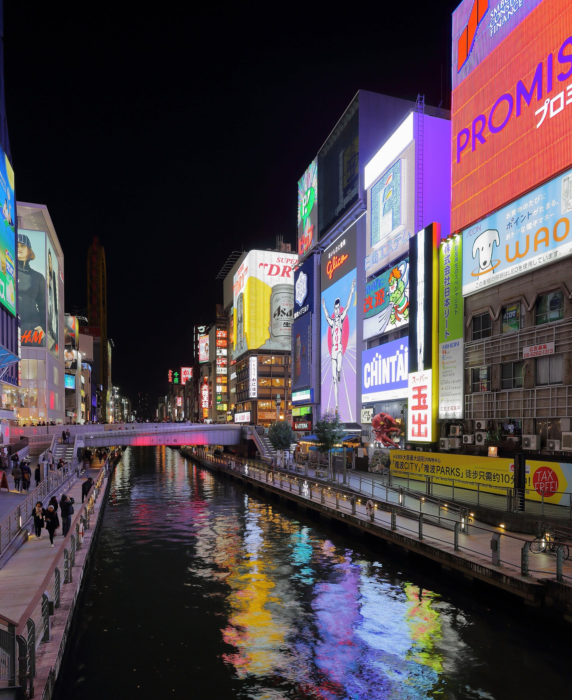 The wall of neon signboards along the Dotonbori canal at night