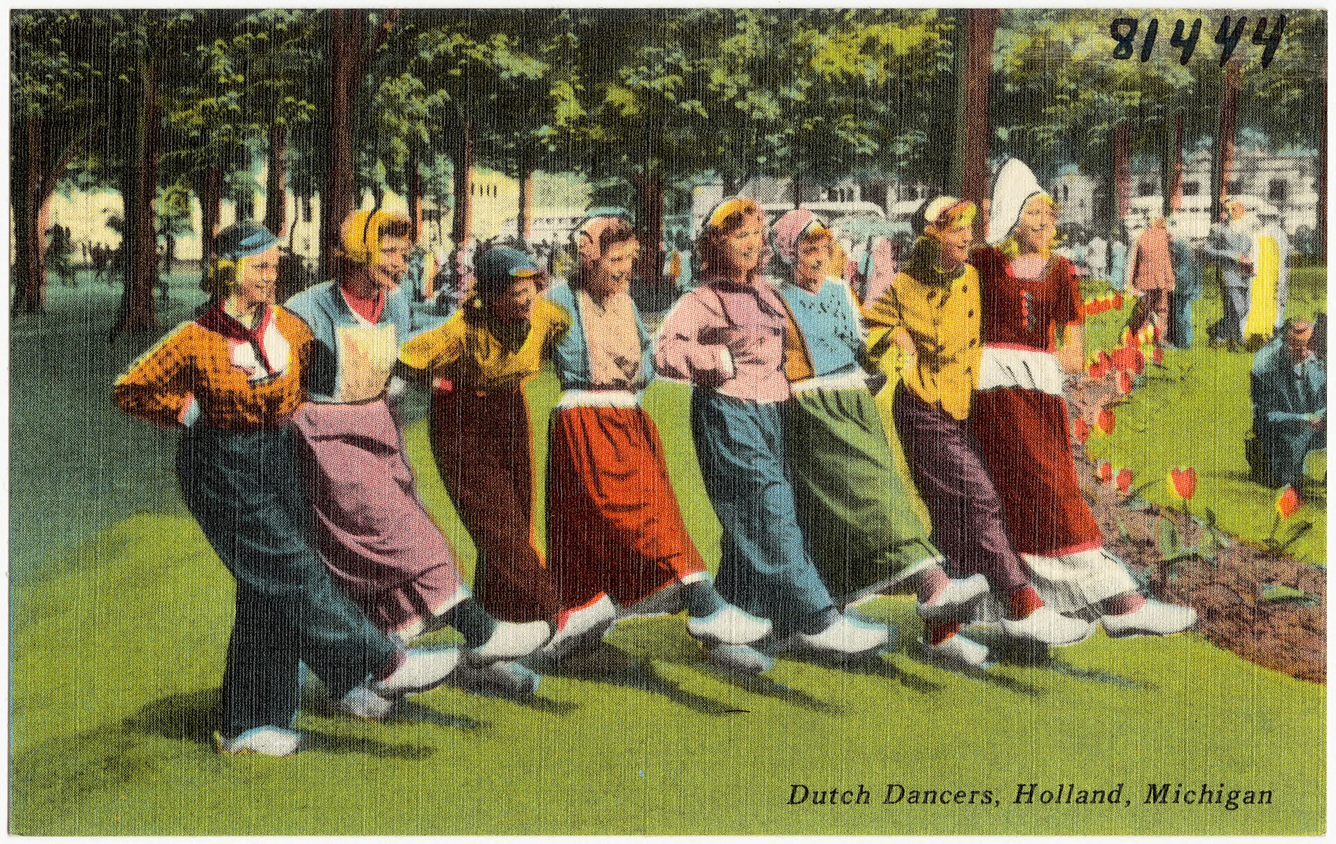 Dutch folk dancers in traditional wooden-shoe costume at Tulip Time in Holland, Michigan