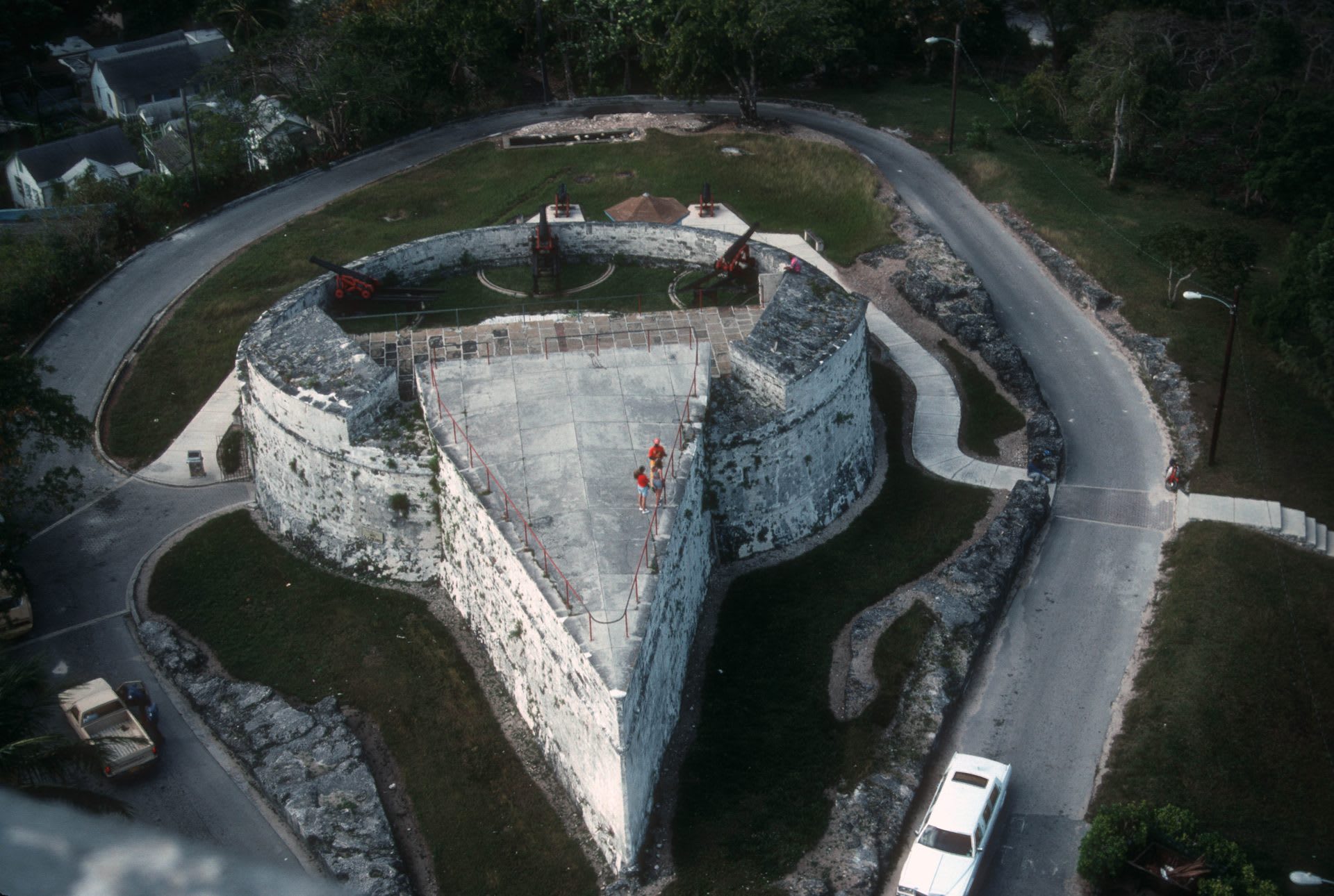 Aerial view of Fort Fincastle, the 18th-century ship-shaped fort atop Bennet's Hill in Nassau
