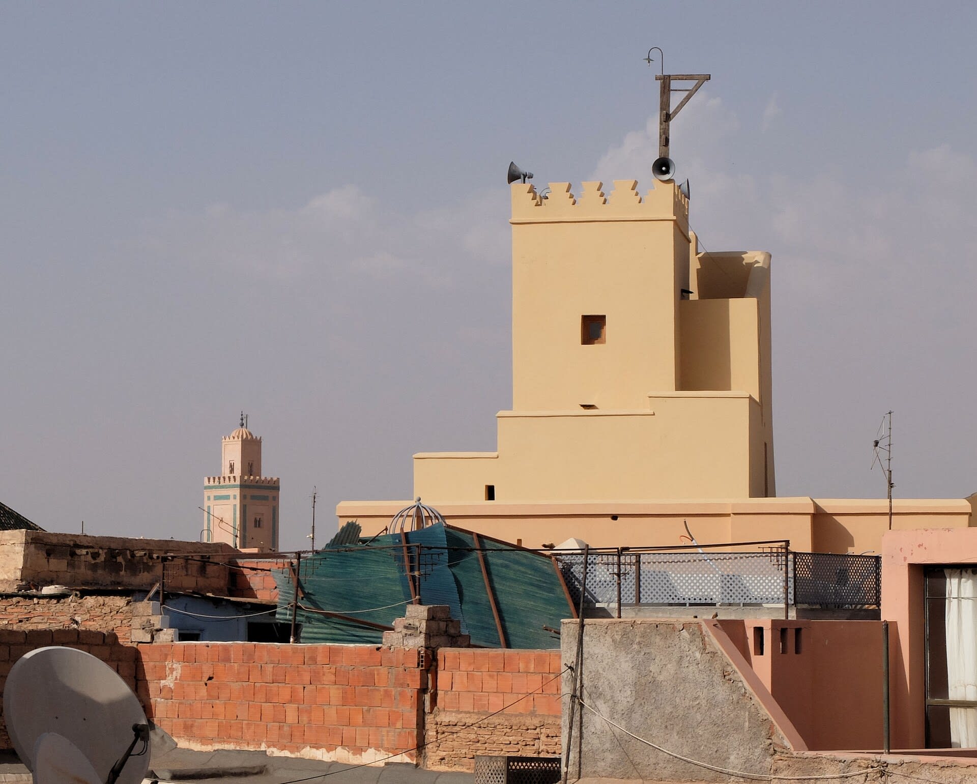 Rooftop terrace in the Marrakech medina with the Mouassine minaret in view