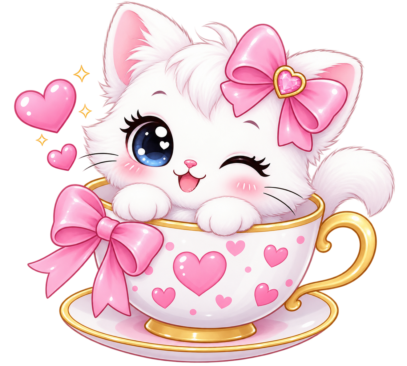 Adorable Winking White Cat in Teacup with Pink Bows PNG