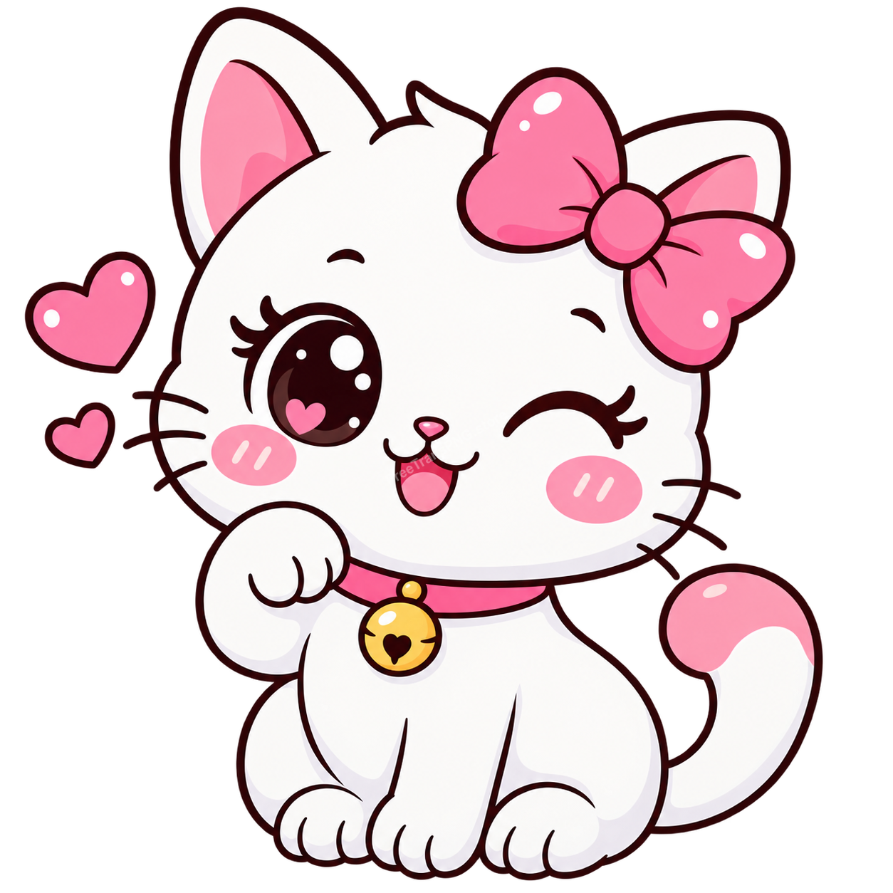 Kawaii Cute White Cat Waving Paw Illustration PNG