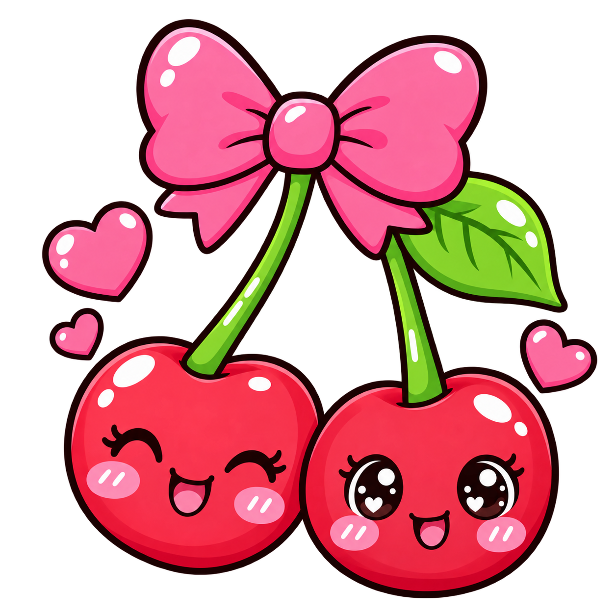 Cute Double Cherry with Pink Bow & Hearts Vector Clipart