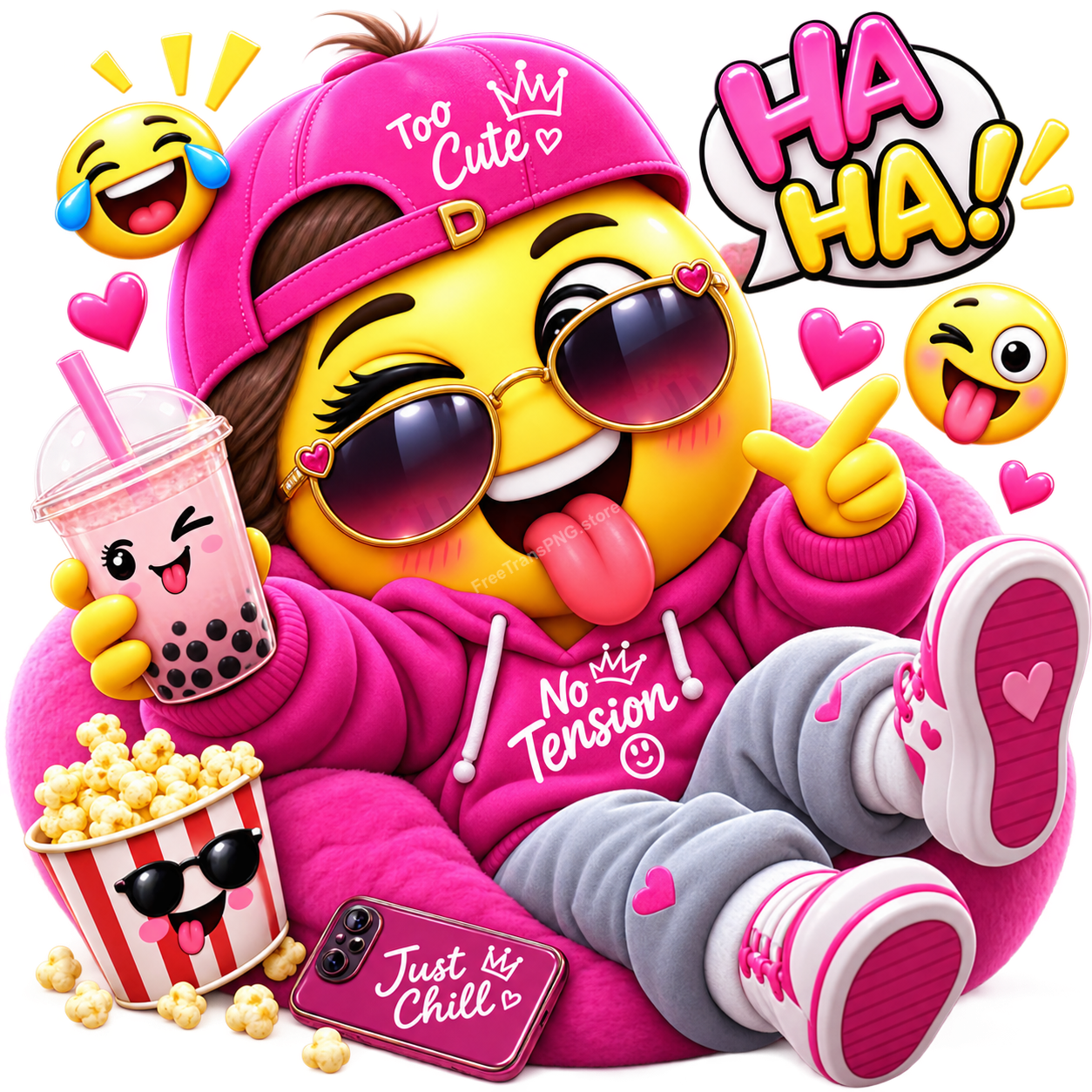 Cool Swag Girl Emoji with Pink Hoodie & Boba Tea Vector Illustration Free PNG Download