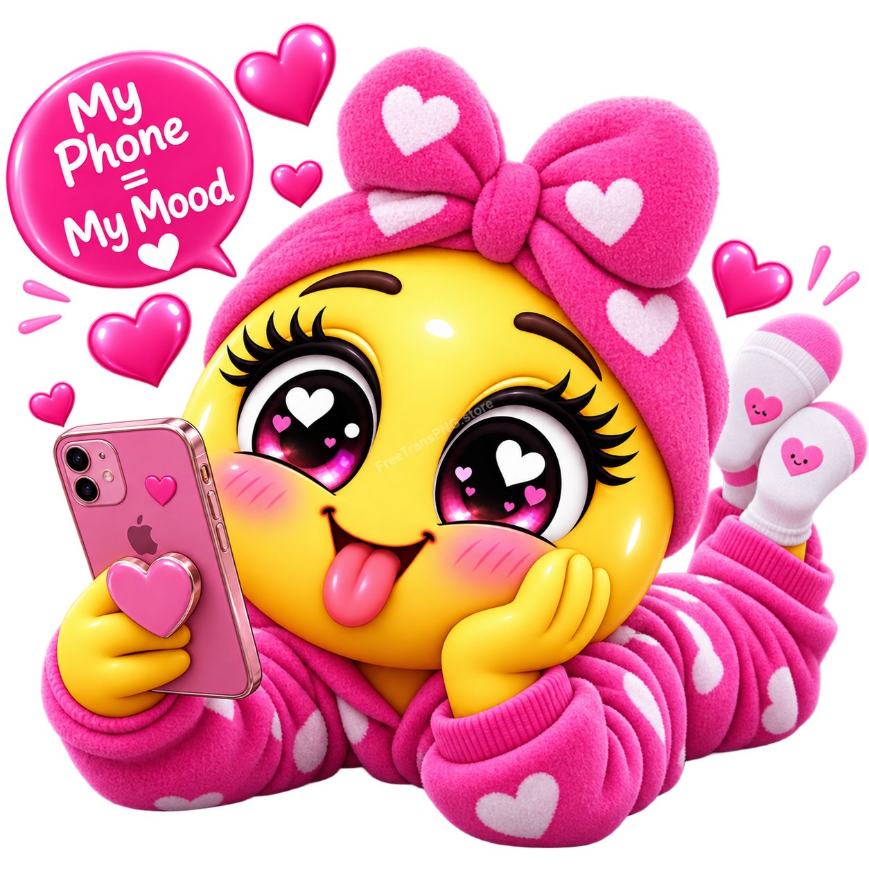 Cute Pink Pajama Emoji Girl with Phone Vector Illustration Free PNG Download