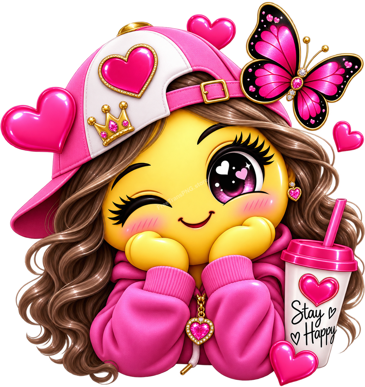 Cute Pink Winking Emoji Girl with Butterfly Vector Illustration Free PNG Download