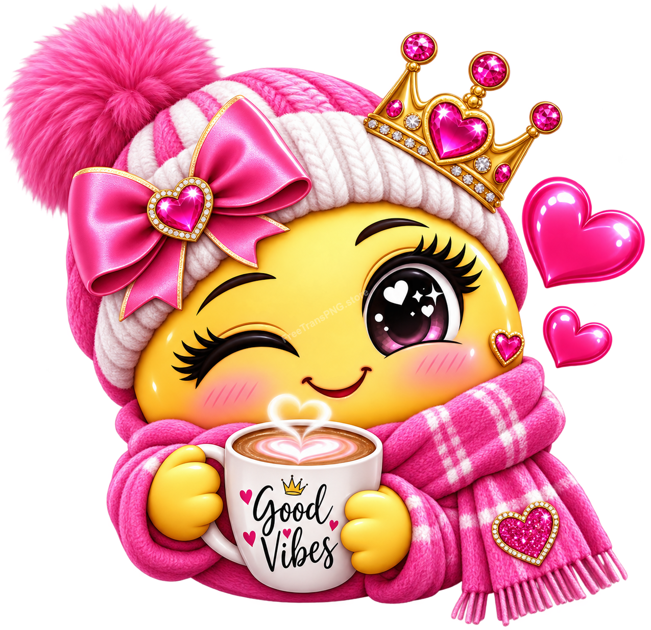 Cute Pink Winter Beanie Emoji Girl with Coffee Mug Vector Illustration Free PNG Download