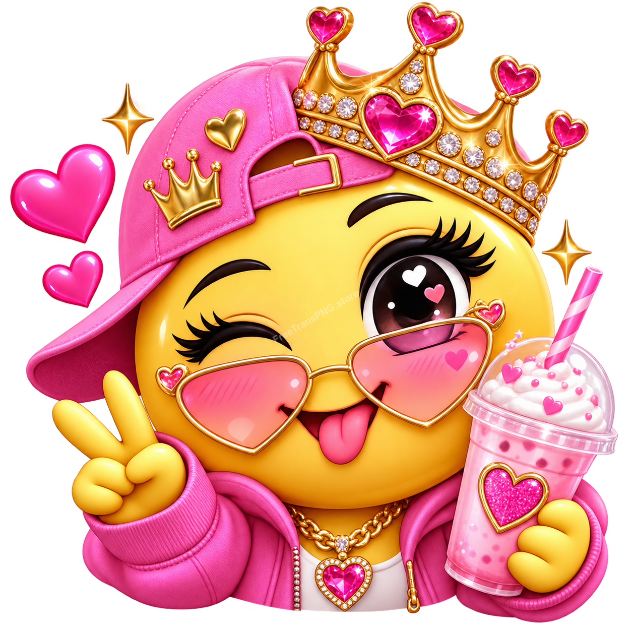 Cool Swag Princess Emoji Girl with Crown & Pink Drink Vector Illustration Free PNG Download