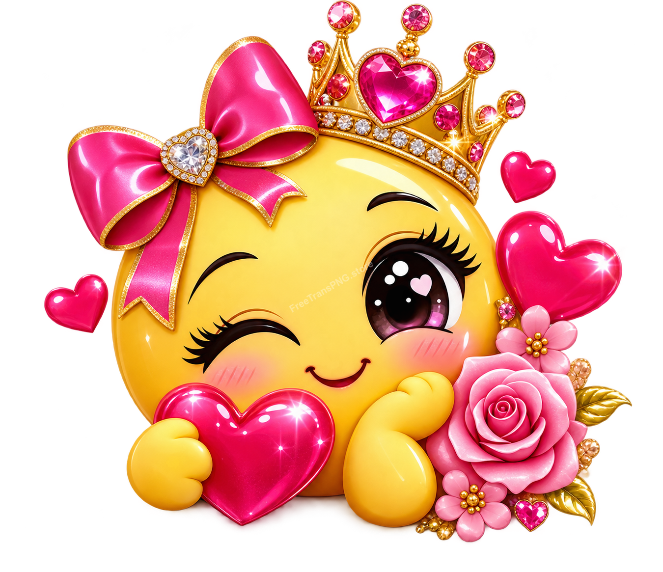 Cute Emoji Girl with Pink Bow, Crown & Heart Clipart (Transparent PNG)