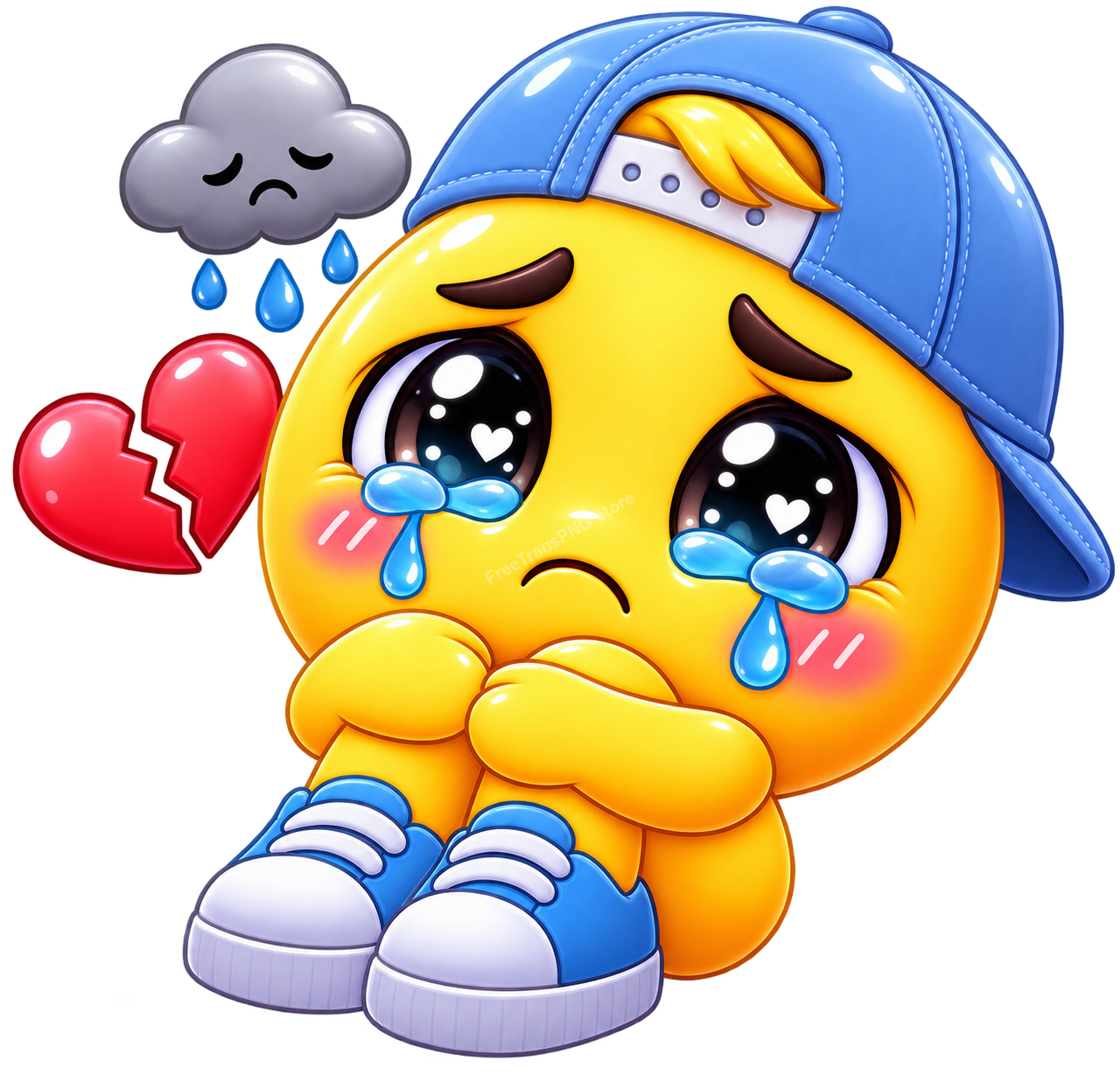 Sad Crying Emoji Boy with Broken Heart Vector Illustration Free PNG Download