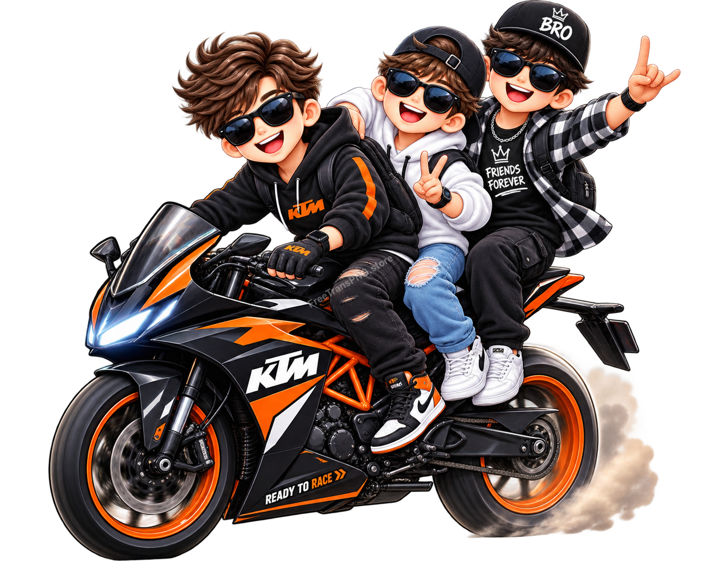 Three Cool Best Friends Boys Riding KTM Motorcycle Clipart (Transparent PNG)