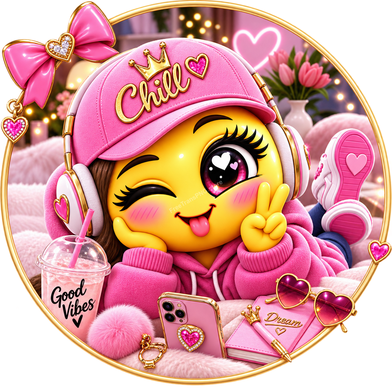 3D Cool Pink Emoji Girl Sitting on Bean Bag with Coffee Clipart