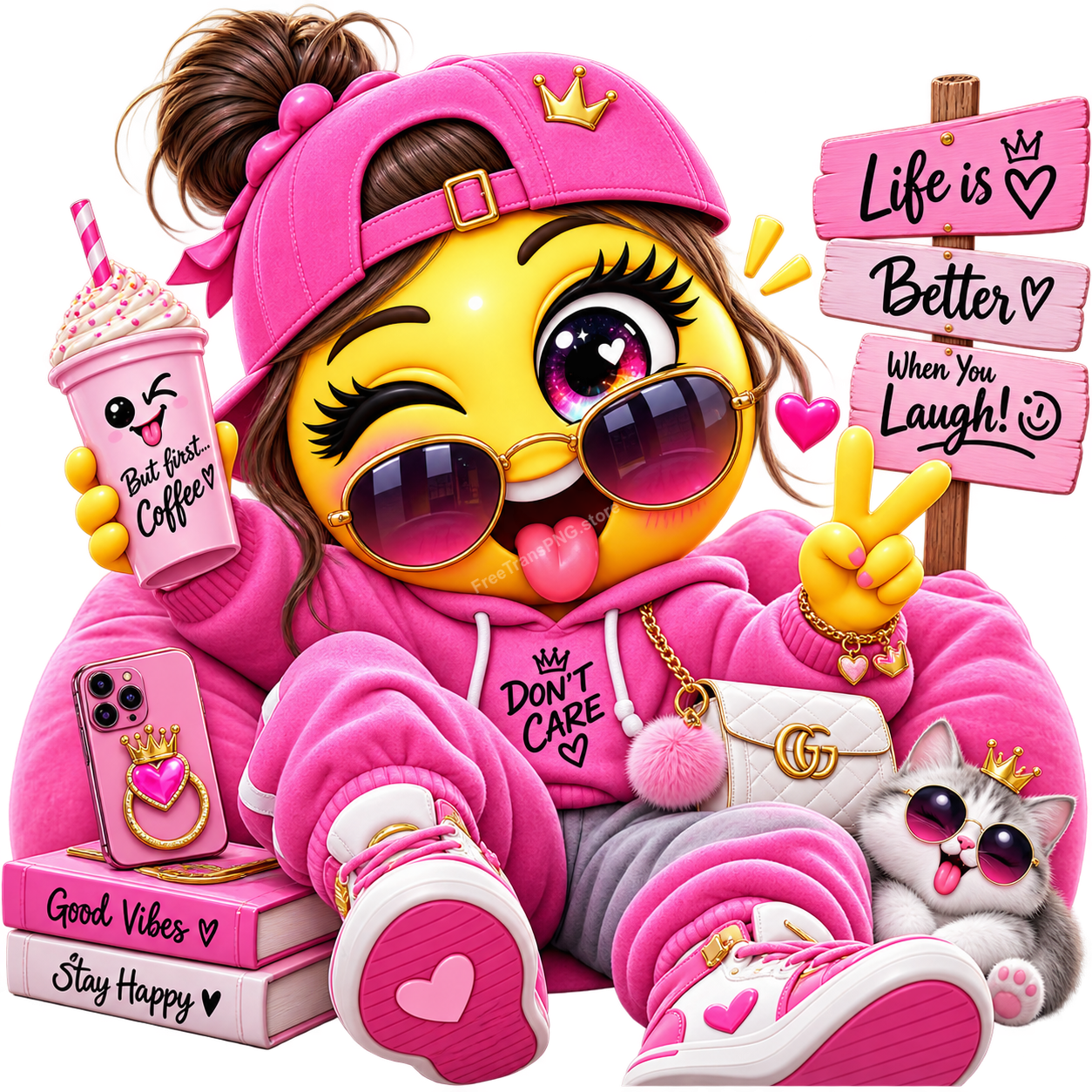 3D Chill Pink Emoji Girl with Headphones Lying Down Clipart