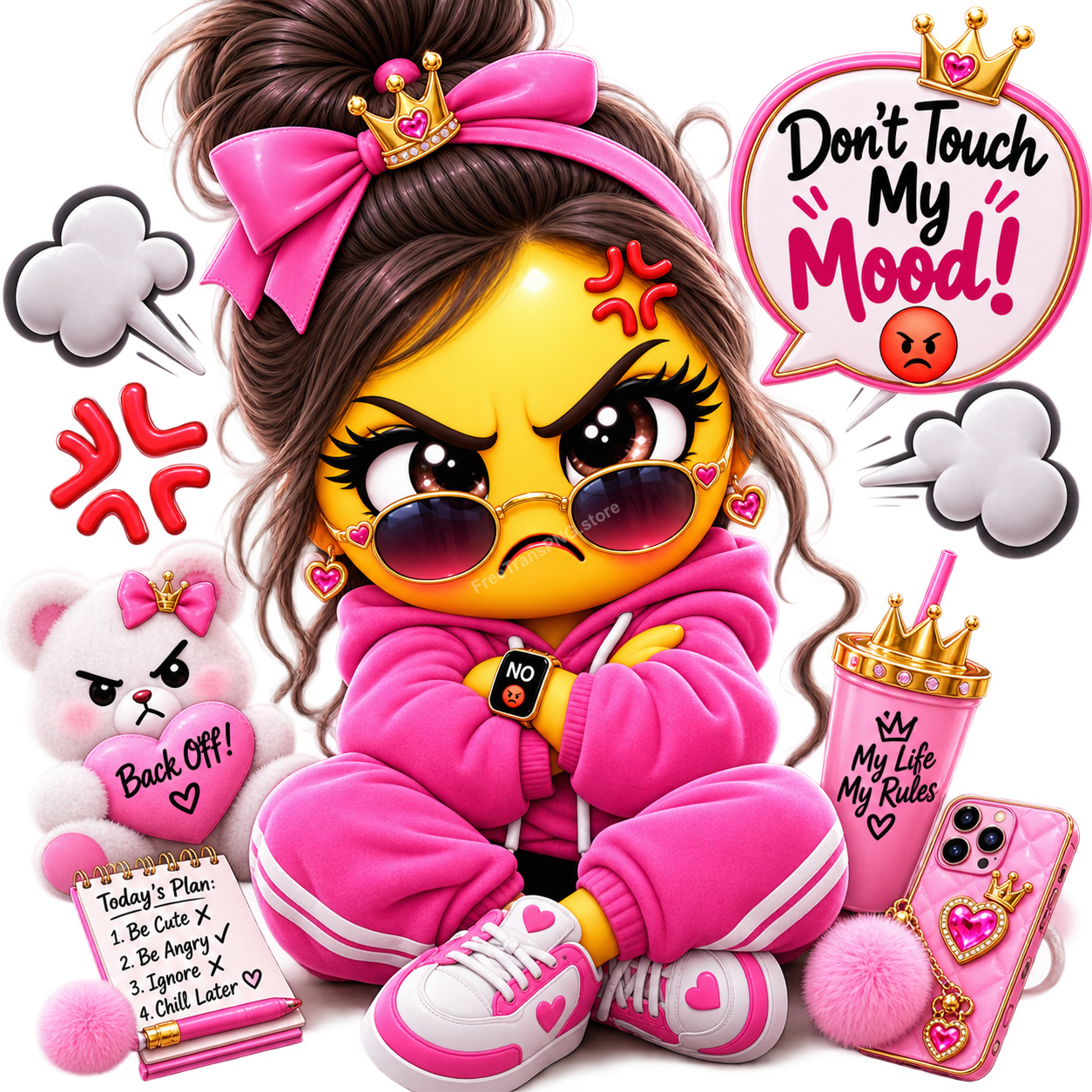 3D Cute Shy Emoji Face with Big Pink Bow and Hearts Clipart