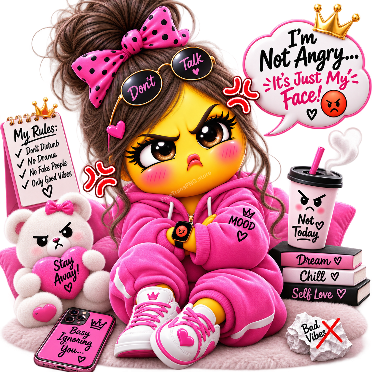 3D Happy Emoji Girl with Heart Balloons and Teddy Bear Clipart