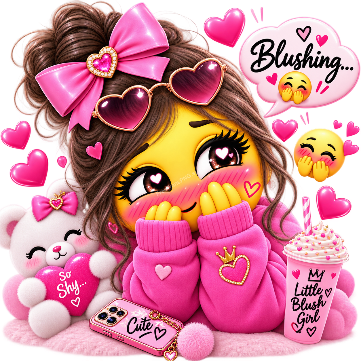 3D Shy Blushing Emoji Girl with Pink Bow and Milkshake Clipart